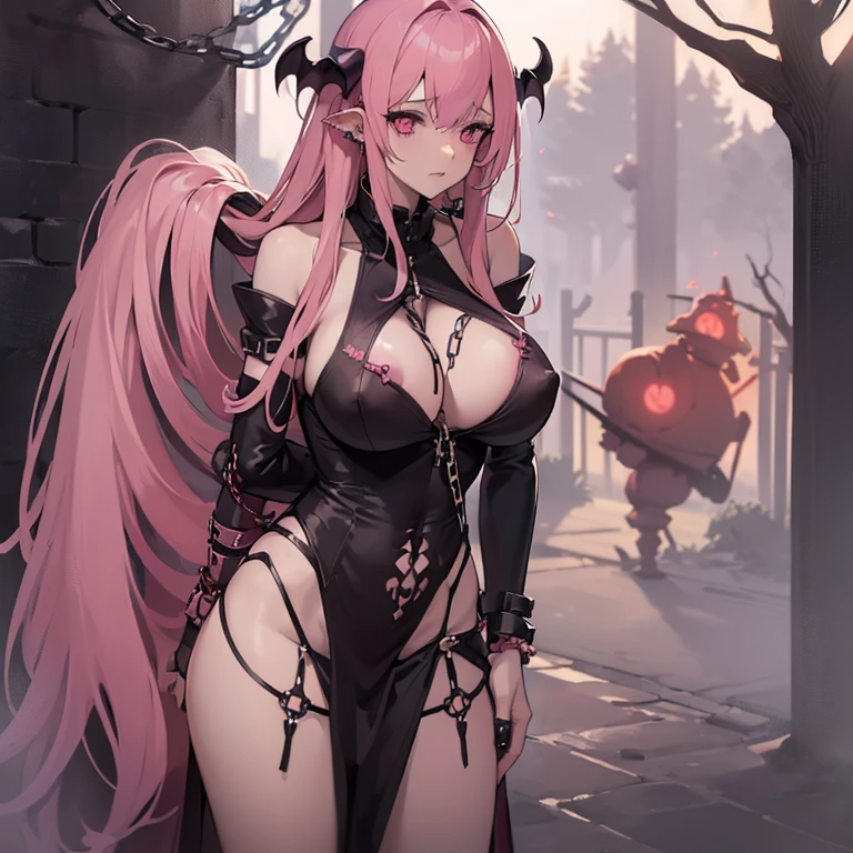 ((1 succubus woman alone)),((fil tental panties with chains))),((huge breasts, bare breasts, chest piercing)),((very long pink hair)),((pink eyes, face without hope)),((stand)),((1 arm behind your back)),In a haunted forest, at night,