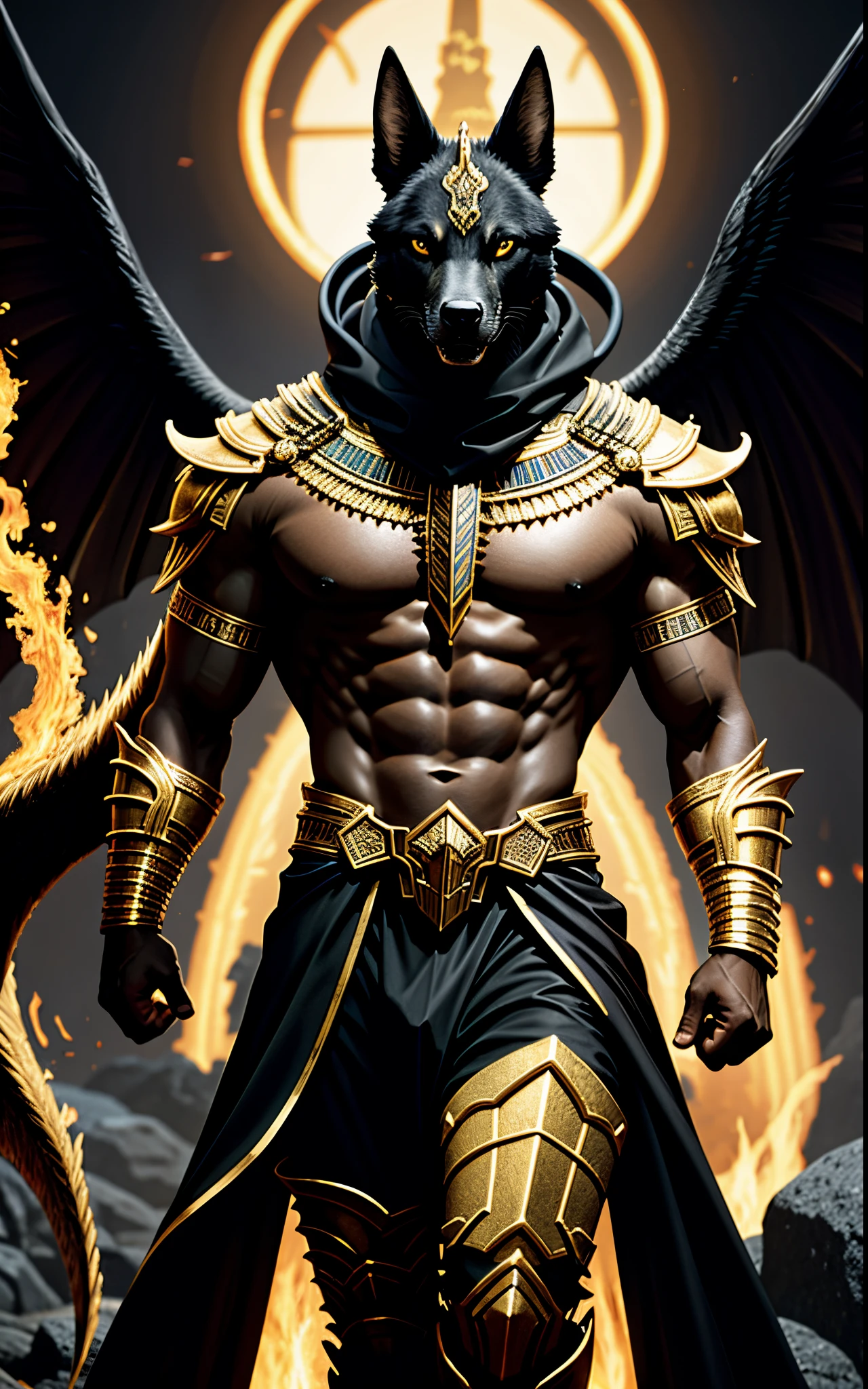 (high quality), photorealistic, (oil painting)
jewelry, (solo),
(dynamic pose), towards right, ((hell gate)), fire, hell landscape, (the underworld), (dark landscape),
anubis, egyptian jackal headed god, anthro, muscular, (holding golden scales), dynamic pose, cinematic, dramatic camera angle, golden armor:0.25, black & gold cape, (good anatomy), (good proportions), award winning, masterpiece, centered, best quality, highly detailed,