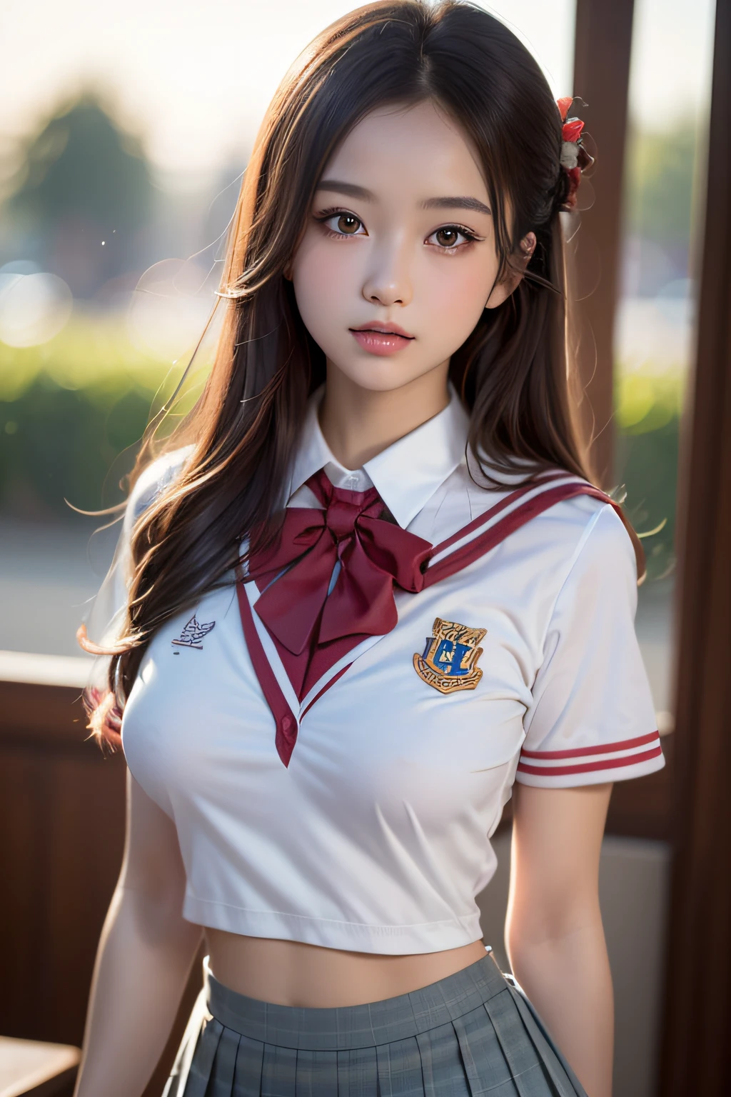 (2girls), Brown hair, Amazing face and eyes, Pink eyes, (High school uniform with wide open chest:1.2), Beautiful big breasts, bared  chest, (amazingly beautiful girl), Brown hair, (High School Uniform, Pleated mini-skirt:1.5), ((Best Quality)), (Ultra-detailed), (extremely detailed CG unified 8k wallpaper), Highly detailed, High-definition raw color photos, Professional Photography, (((Bokeh))), depth of fields,