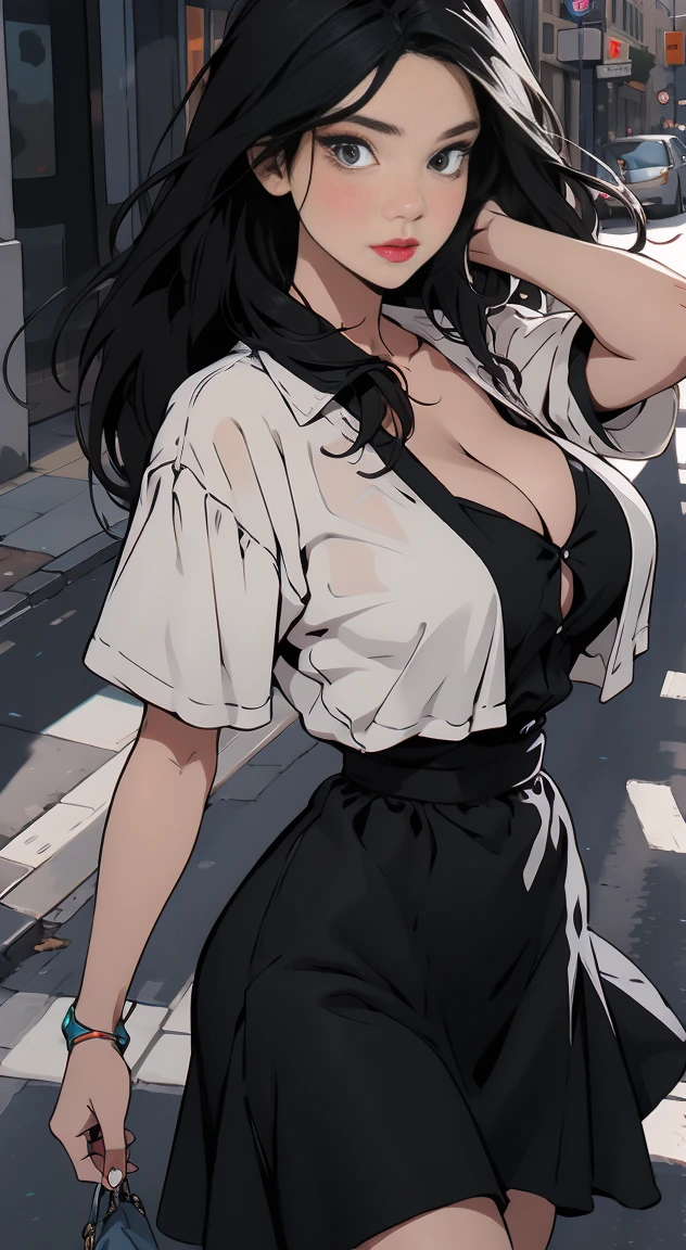 fashionable, long black hair, soft expression, cleavage, big breasts, dress, street clothes, on the street, cowboy shot