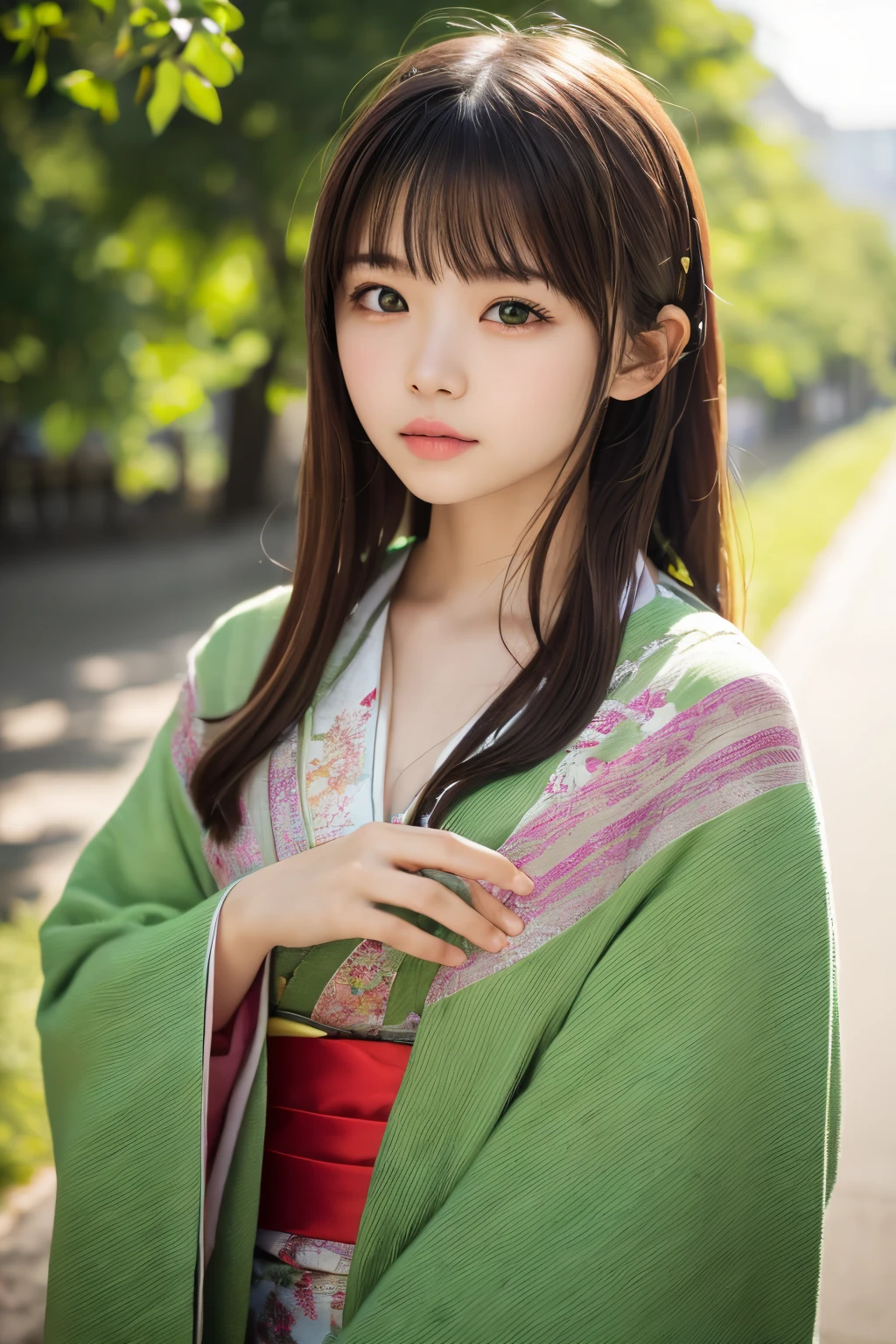 (((Green world:1.3)))、Best Quality, masutepiece, High resolution, (((1girl in))), ,(((Eyes are green:1.3)))、Yamato Nadeshiko wears kimono beautifully、((12 Simple、traditional junihitoe)), Tindall Effect, Realistic, Shadow Studio,Ultramarine Lighting, dual-tone lighting, (High Detail Skins: 1.2)、Pale colored lighting、Dark lighting、 Digital SLR, Photo, High resolution, 4K, 8K, Background blur,Fade out beautifully、Green world
