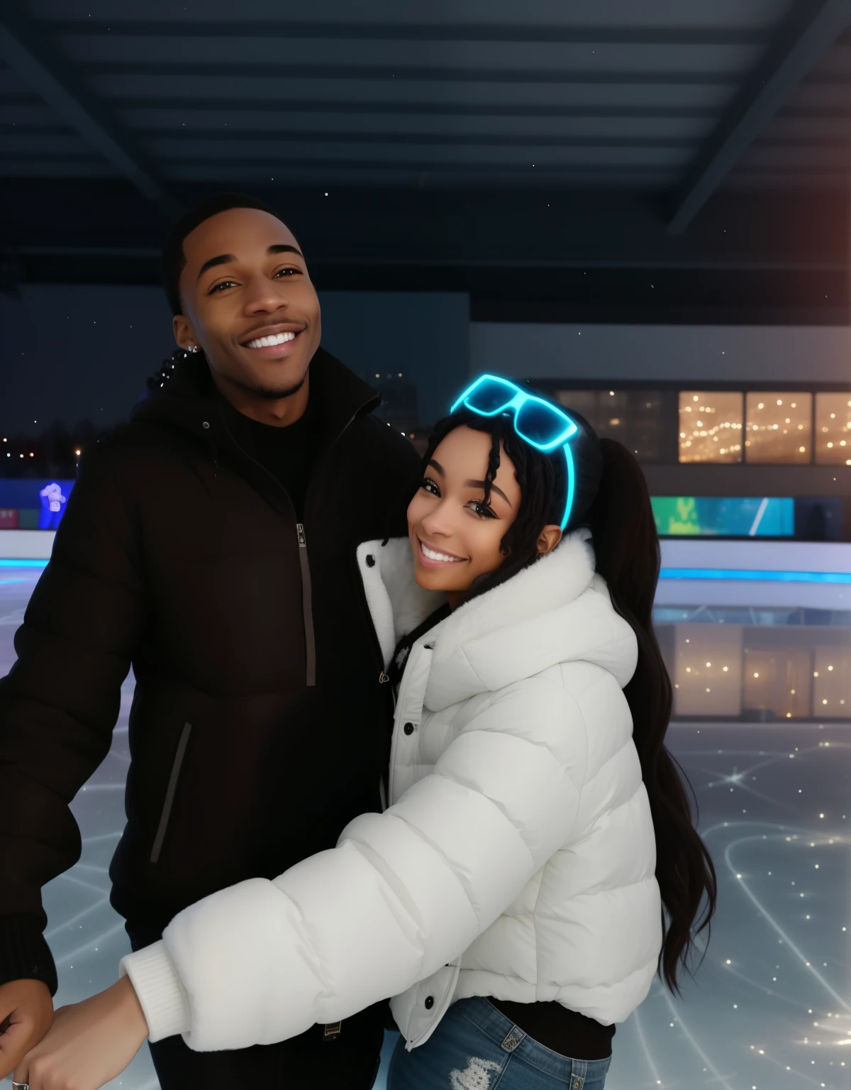 smiling black couple on ice rink with lights in background, cold as ice! 🧊, 😭🤮 💔, having a great time, 🕹️ 😎 🔫 🤖 🚬, 🌻🎹🎼, 🤬 🤮 💕 🎀, both smiling for the camera, slick!!, charli bowater and artgeem, 🕹️ 😎 🚬