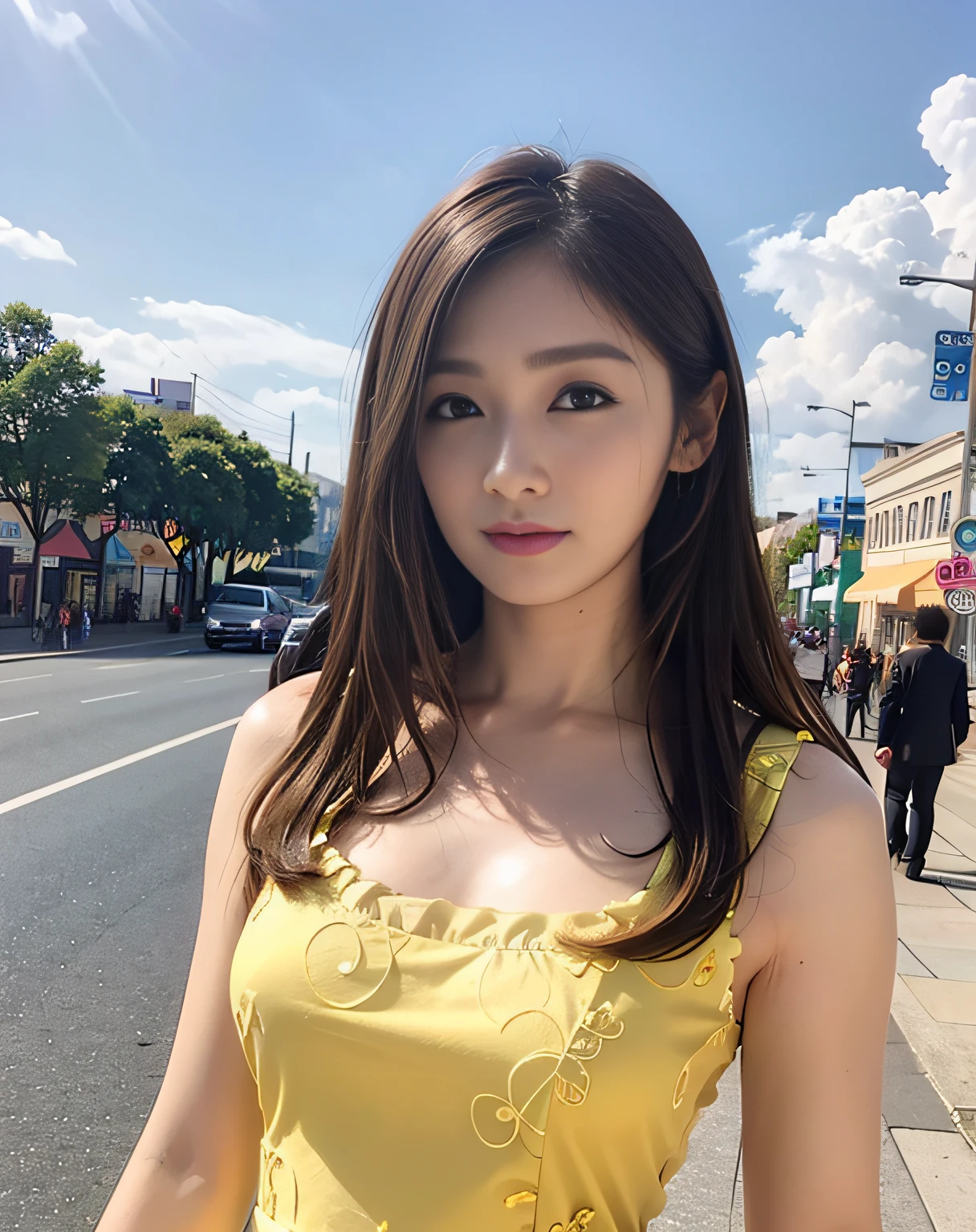 A woman wearing a yellow dress posing on a street corner, top-quality, hight resolution, 8K, 1girl in,  (a street:0.8), (a person, Large crowds:1), (lace trimmed dress:1.5, Sleeveless dress,), a gorgeous, (brow, length hair:1.5), Beautiful detailed sky, earring beautiful, (dynamicposes:0.8),