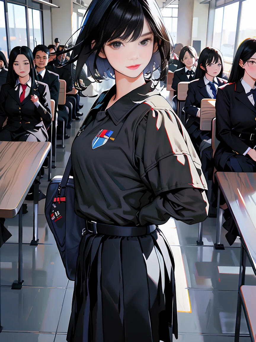 (Highest resolution, distinct_image), Best quality, Masterpiece, Highly detailed, Half realistic, A woman with short black hair, Mature woman, Three bangs, blue uniforms, Blue pleated skirt, army suit, Primary perspective, Military academy, Cafeteria, dining, Lunch, With classmates, Multiple backgrounds, Crowd background, etc,
