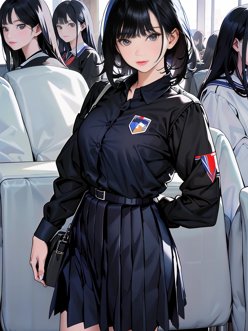 (Highest resolution, distinct_image), Best quality, Masterpiece, Highly detailed, Half realistic, A woman with short black hair, Mature woman, Three bangs, blue uniforms, Blue pleated skirt, army suit, Primary perspective, Military academy, Cafeteria, dining, Lunch, With classmates, Multiple backgrounds, Crowd background, etc,