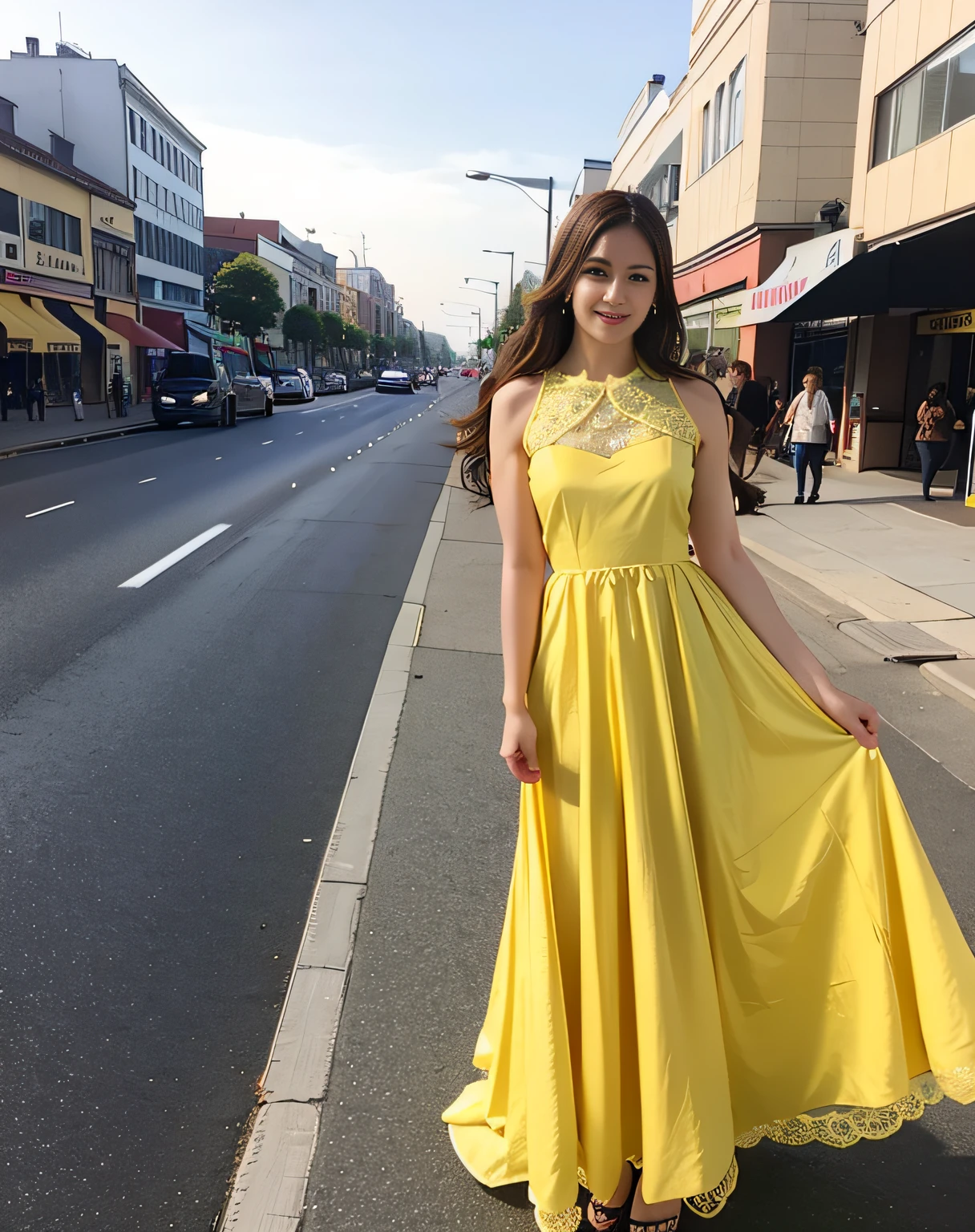A woman wearing a yellow dress posing on a street corner, top-quality, hight resolution, 8K, 1girl in, (a street:0.8), (a person, Large crowds:1), (lace trimmed dress:1.5, Sleeveless dress,), a gorgeous, (brow, length hair:1.5), Beautiful detailed sky, earring beautiful, (dynamicposes:0.8),