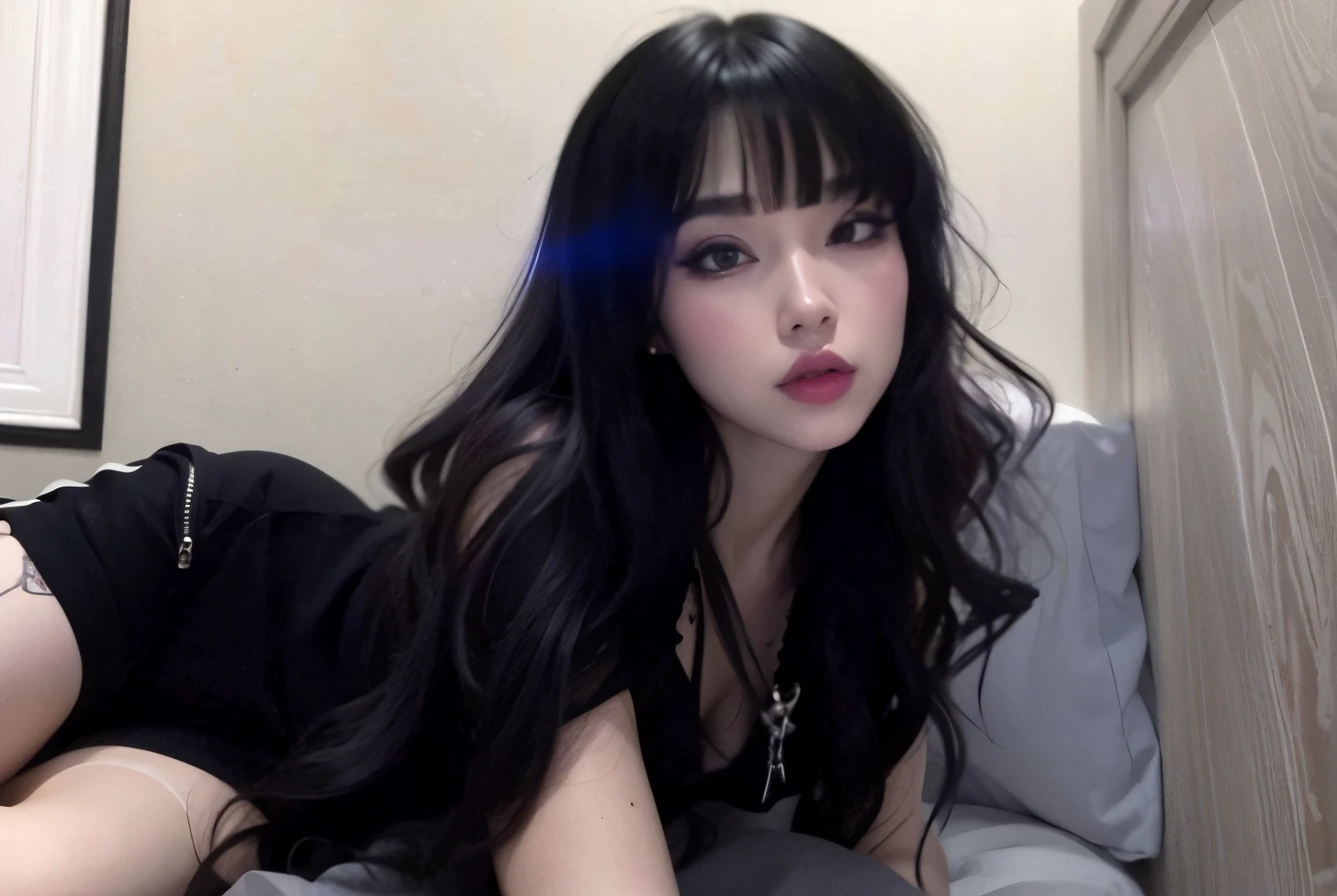 garota araffe com longos cabelos pretos deitada em uma cama, cruel korean goth girl, Ela tem cabelo preto com franja, Ulzzang, pale goth beauty, coreana, com cabelos longos e olhos penetrantes, com franja completa, cabelo preto longo com franja, goth girl aesthetic, foto de perfil, anime vibes, cabelo comprido com franja completa, com franja, qualidade de foto maior, qualidade de foto boa, pink lips and a silver cross-shaped necklace