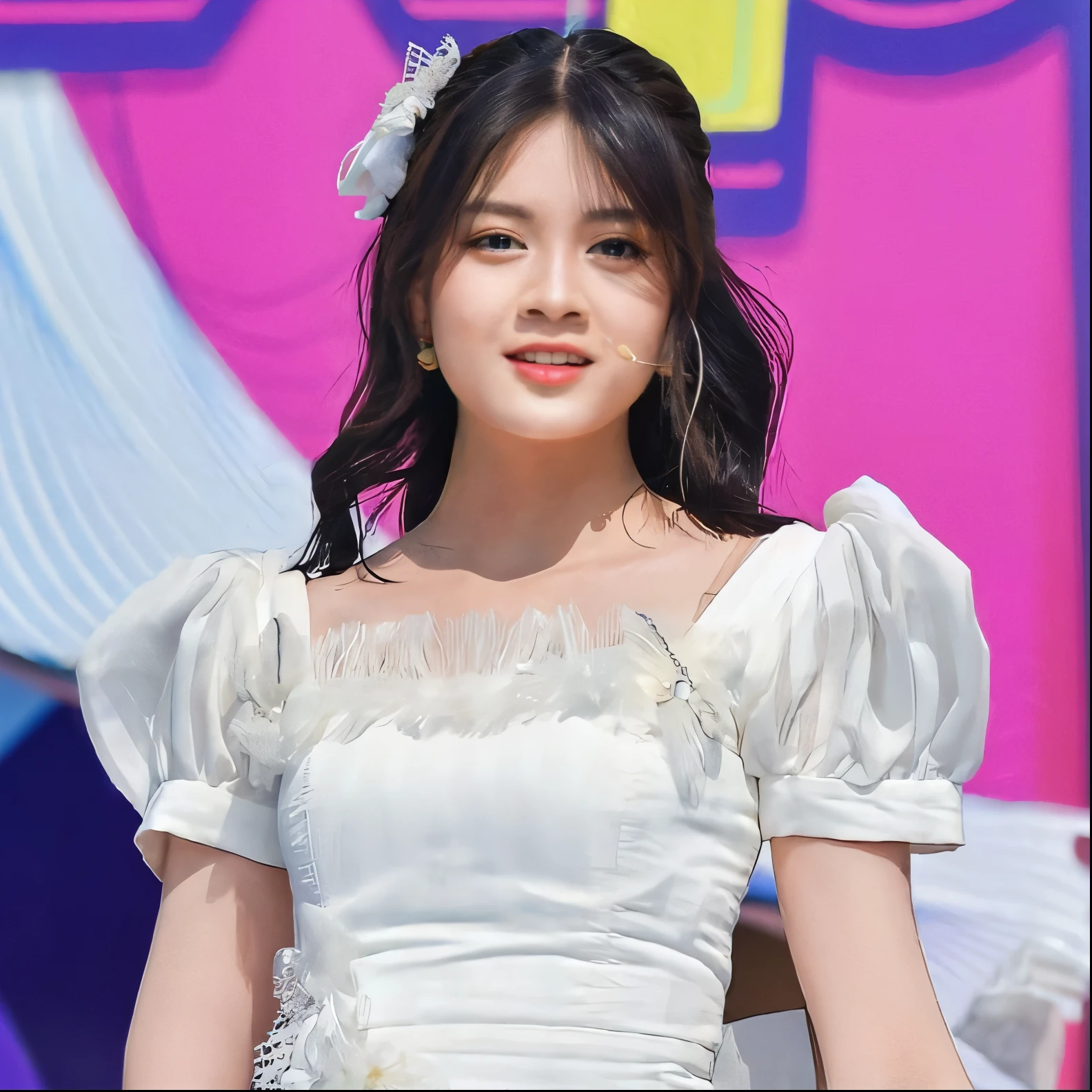 a close up of a woman in a white dress with a flower in her hair, tzuyu from twice, jinyoung shin, iu, korean idol, lalisa manobal, jisoo of blackpink, jisoo from blackpink, jia, bae suzy, jaeyeon nam, park ji-min, jossi of blackpink, portrait of jossi of blackpink