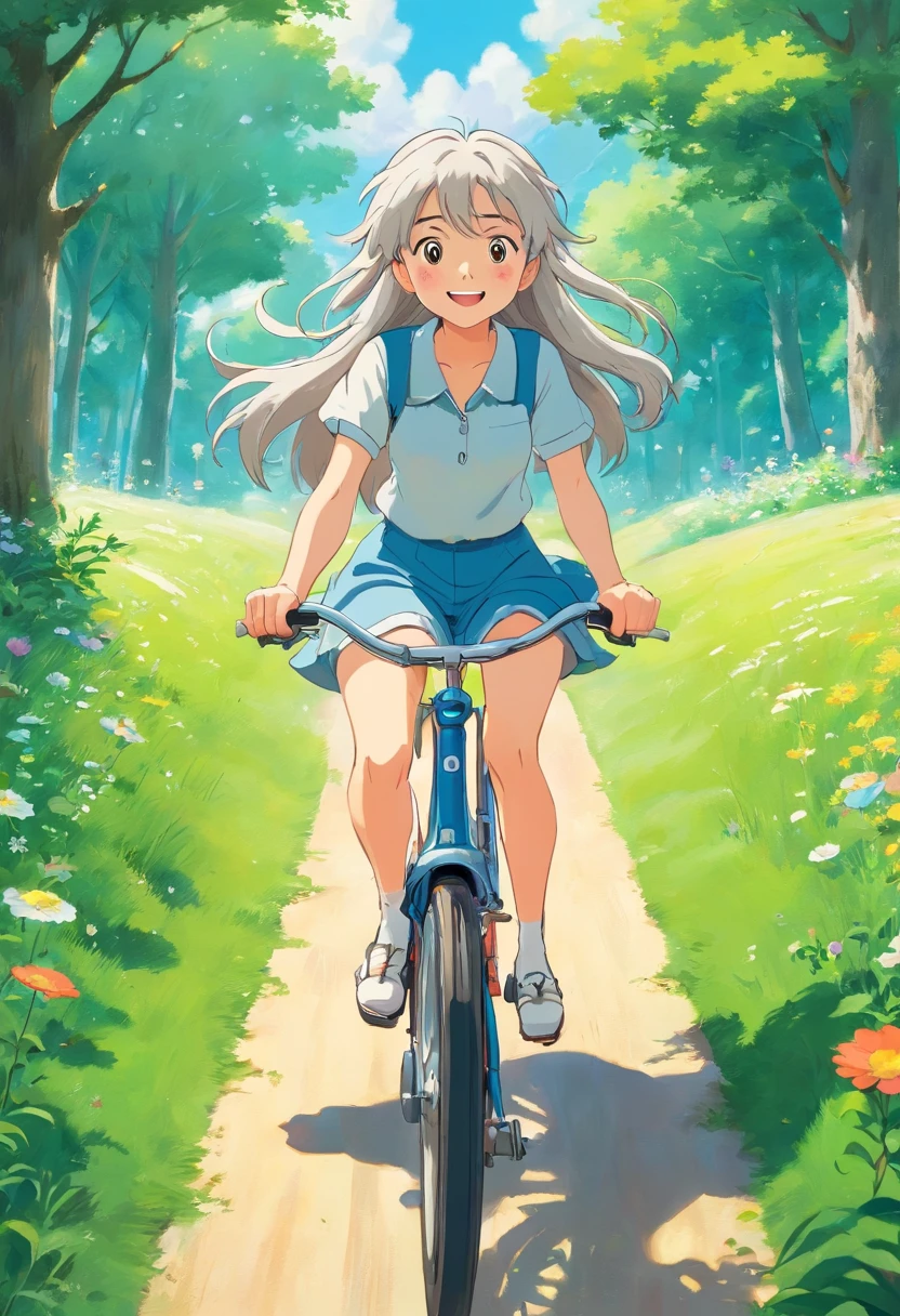 1girll,Riding a bicycle,long whitr hair,On the grass,Look up at the perspective,Happy smile