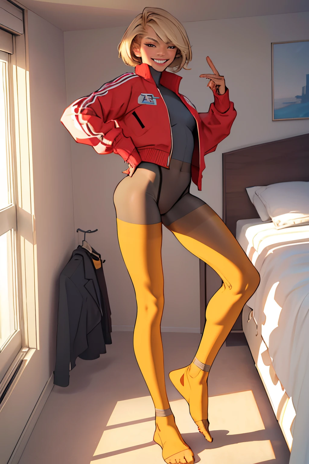 show entire body, feet in view, aerial view, rear view, Zendaya, blonde, track jacket, smiling, seamless pantyhose, no shoes, luxurious bedroom, 8k, photorealistic