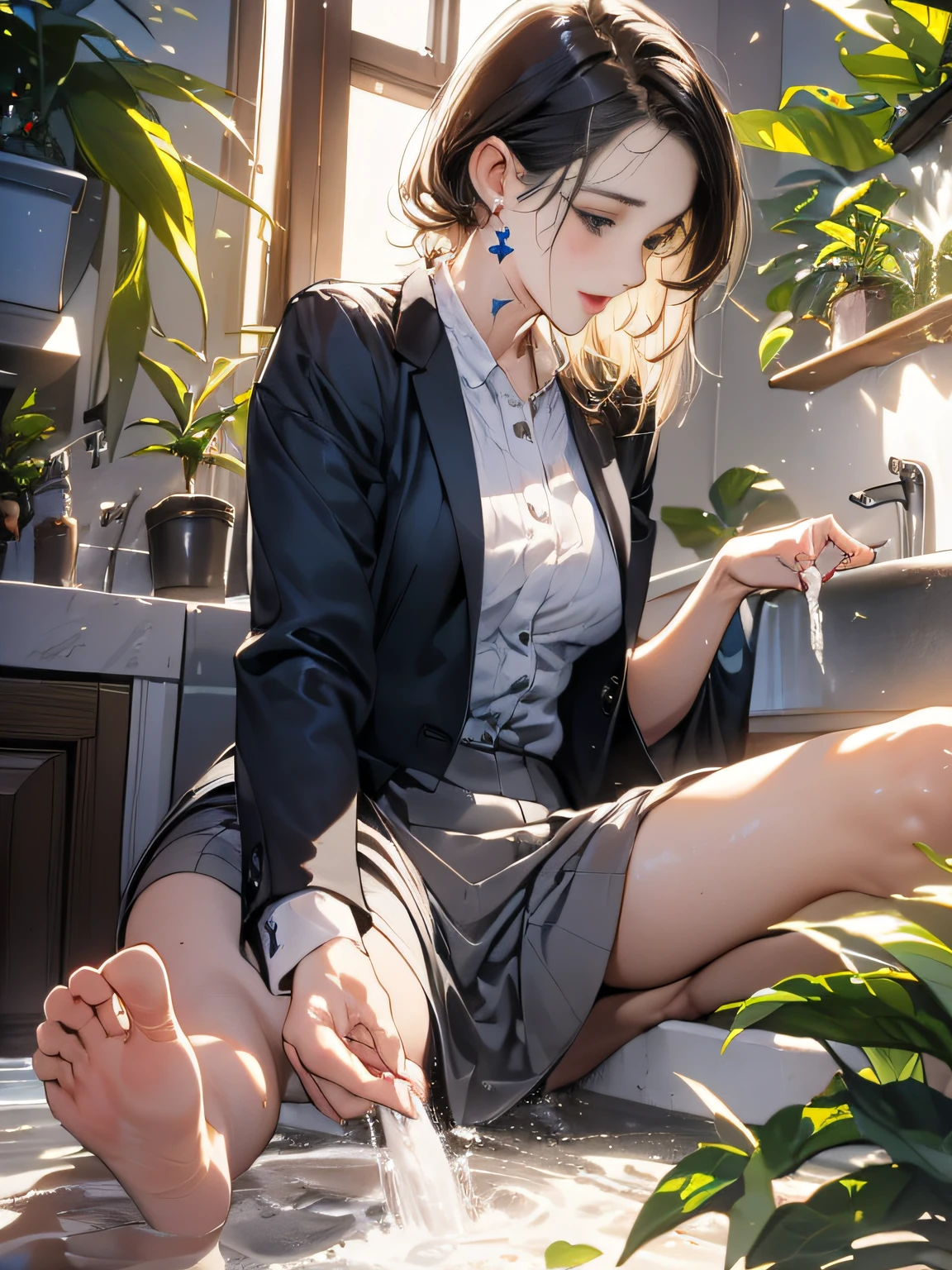 (looking away, shift off center, cinematic perspective), 1woman, (((X stands for the sink in this prompt))), ((put her foot in X))), (orgasm face), ((wearing suit)), small earrings, small breast, tight skirt, ((plants)), in the kitchen,