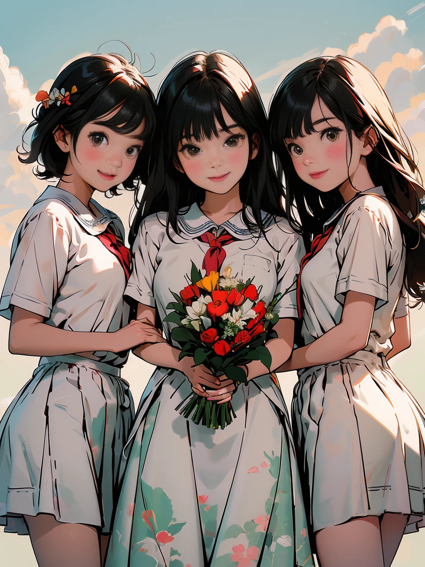 Three girl graduates wearing caps and gowns, smiling happily together for a group photo, holding a bouquet of flowers, the background of the sky, the scene of the school, in Temmie Chang's style, warm tones, animation, oil painting, Fernando Amosolo, lovely and colorful, long and deep distance, high detail, high quality --niji 5