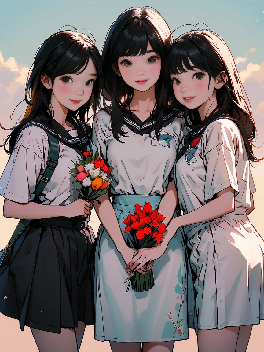 Three girl graduates wearing caps and gowns, smiling happily together for a group photo, holding a bouquet of flowers, the background of the sky, the scene of the school, in Temmie Chang's style, warm tones, animation, oil painting, Fernando Amosolo, lovely and colorful, long and deep distance, high detail, high quality --niji 5