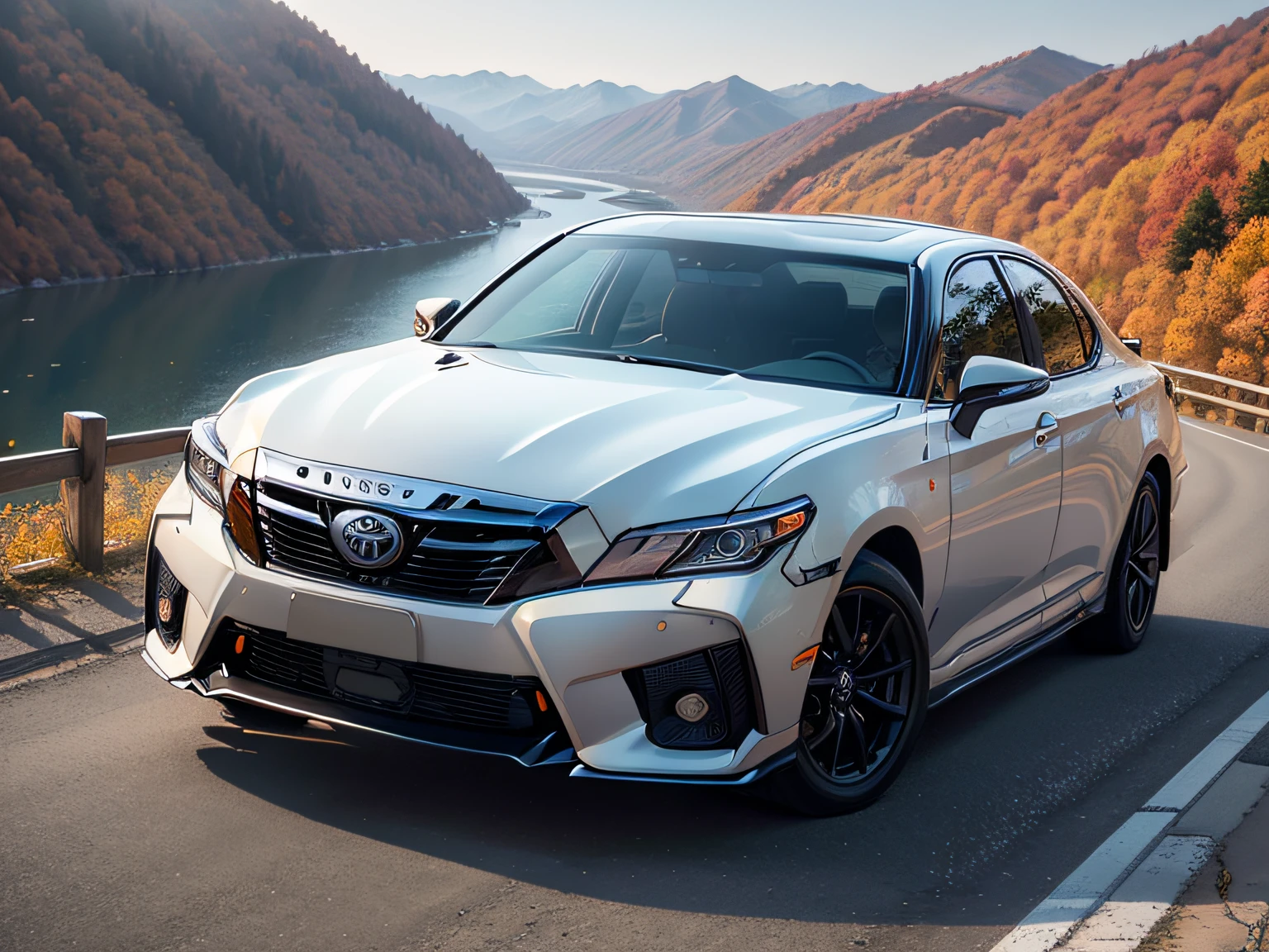 超A high resolution、An ultra-high picture quality、8K、Detailed details、marvelous expression、Late autumn valley、Beautiful autumn leaves、A white car driving gracefully on a mountain pass built along the mountain、((Toyota Crown Sport 3000GT))