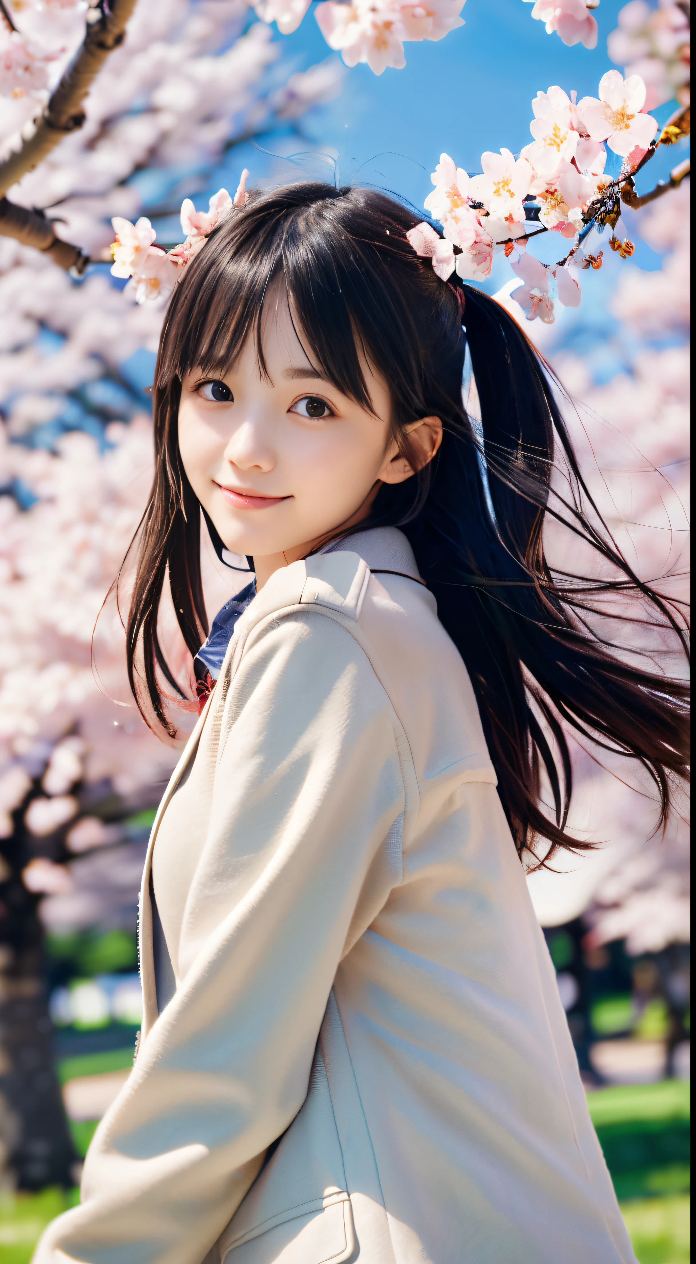 (Low angle shot of one slender small breasts two side up hair girl in spring coat and shirt :1.5)、(The girl turns around with a small smile、the hair flutters with the wind :1.5)、(low  angle shot:1.5)、(Rows of cherry blossom trees in full bloom and cherry blossom petals dancing in the wind:1.5)、(Perfect Anatomy:1.3)、(No mask:1.3)、(complete fingers:1.3)、Photorealistic、Photography、masutepiece、top-quality、High resolution, delicate and pretty、face perfect、Beautiful detailed eyes、Fair skin、Real Human Skin、pores、((thin legs))、(Dark hair)