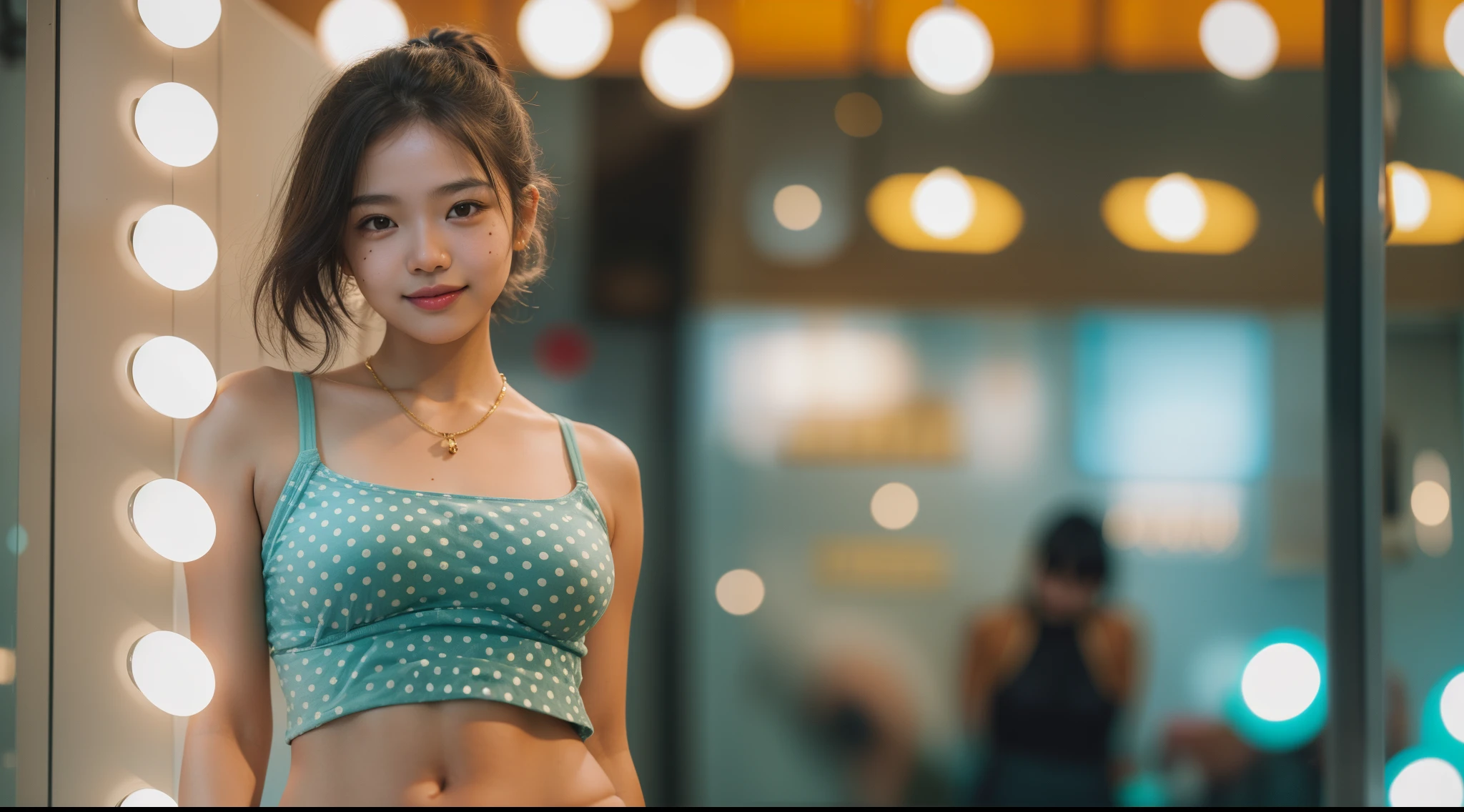 Young Malay girl standing and pose in hipster cafe, happy, smiling, nighttime, wearing turquoise polka dot beginners bra and pleated short skirt, white high sneakers,  professional lighting, ray lighting, blur background, cool ambient, calm ambient, bokeh, small breast, flat chest, small waist, small head, short petite body, wide hips, thick thighs, curved back, round small ass, short, thick leg, sexy pose, bright lighting, mole below eyes, skin spots, acnes, skin blemishes, age spot, detail skin texture, skin detail, skin wrinkle detail, dark brown skin, gold necklace, high quality, ultra detail face,in Wes Anderson style, hyper - realistic photography, Wes Anderson style, full body, 8k, close - up shot, close - up photo
