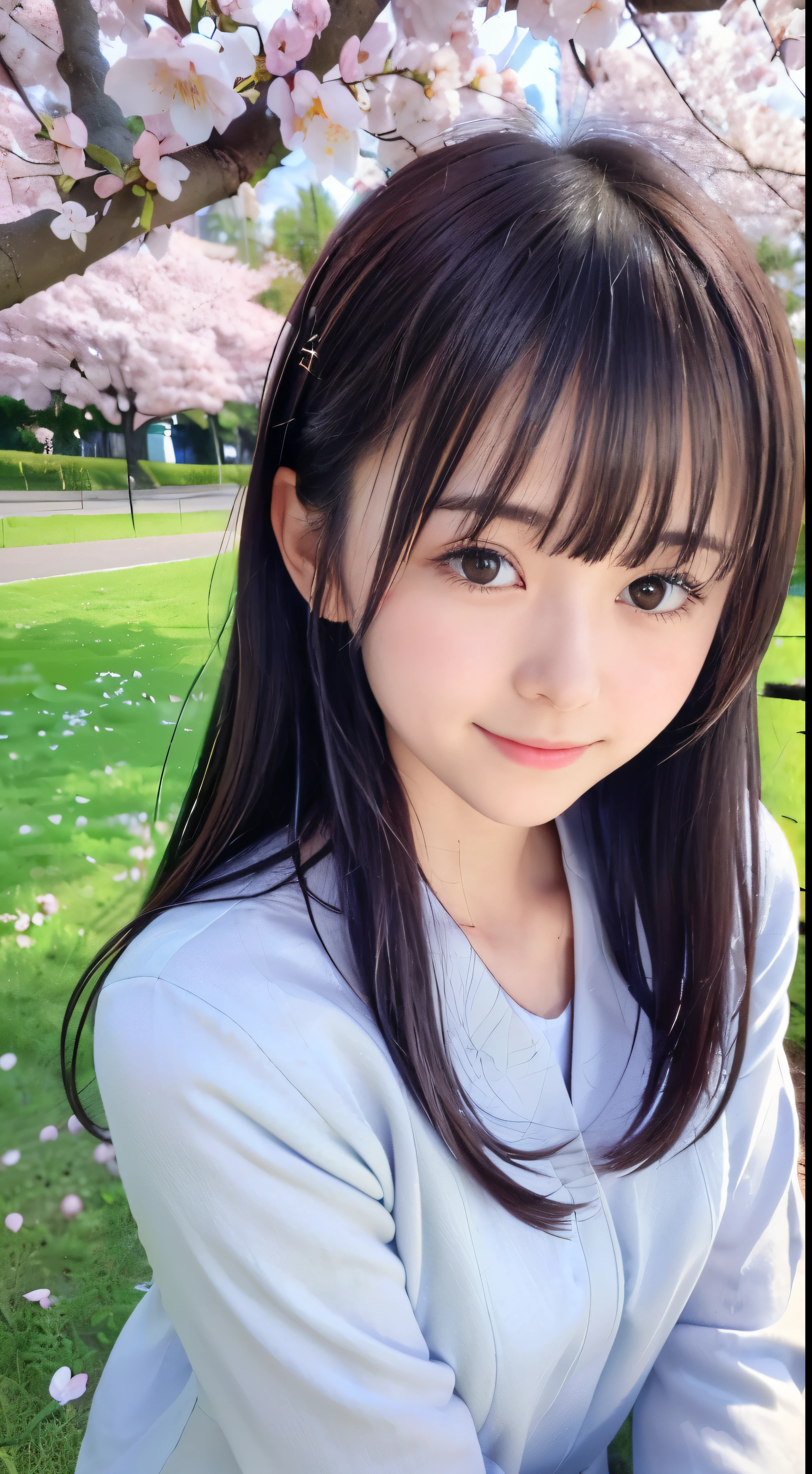 (Low angle shot of one slender small breasts half up hair with dull bangs in spring coat and shirt :1.5)、(The girl turns around with a small smile、the hair flutters with the wind :1.5)、(low angle shot:1.5)、(Rows of cherry blossom trees in full bloom and cherry blossom petals dancing in the wind:1.5)、(Perfect Anatomy:1.3)、(No mask:1.3)、(complete fingers:1.3)、Photorealistic、Photography、masutepiece、top-quality、High resolution, delicate and pretty、face perfect、Beautiful detailed eyes、Fair skin、Real Human Skin、pores、((thin legs))、(Dark hair)