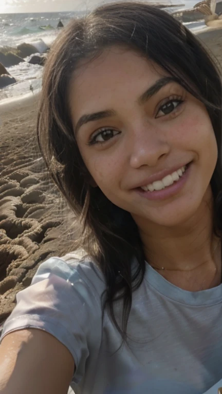 Sally-Anne, tourist trips, atardecer, cielo, exterior, (La mejor calidad, hermosa foto de retrato RAW: 1.4), ((18yr old: 1.5)), Brown-haired woman, ((selfi)), (sonrisa: 1.6), cara hermosa y deslumbrante, incredibly pretty, (Piel natural detallada:1.1), (Cabello largo y ondulado:1.4), [:(Cara detallada:1.2):0.2], 鎖骨, (remera balnca:1.5 ), Thin and small breasts, (playa: 1.5), (mar: 1.5), (foco nítido: 1.6), (profundidad de campo profunda: 1.4), Soft lighting, 20mm f22, Altamente detallado, hiperrealista, natural, 8k
