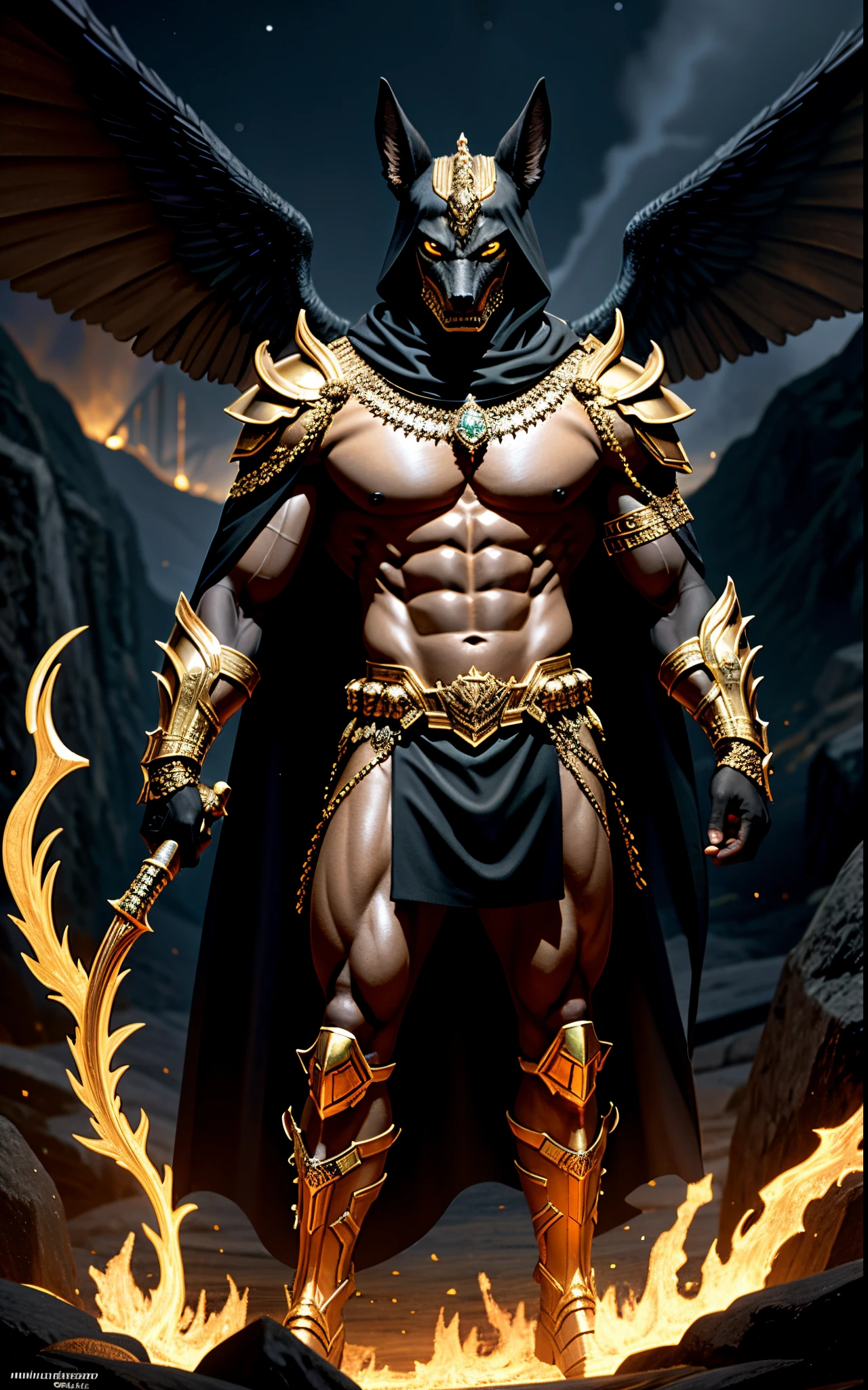 (high quality), photorealistic, (oil painting)
jewelry, (solo),
(dynamic pose), towards right, ((hell gate)), fire, hell landscape, (the underworld), (dark landscape),
anubis, egyptian jackal headed god, anthro, muscular, (holding golden scales), dynamic pose, cinematic, dramatic camera angle, golden armor:0.25, black & gold cape, (good anatomy), (good proportions), award winning, masterpiece, centered, best quality, highly detailed,