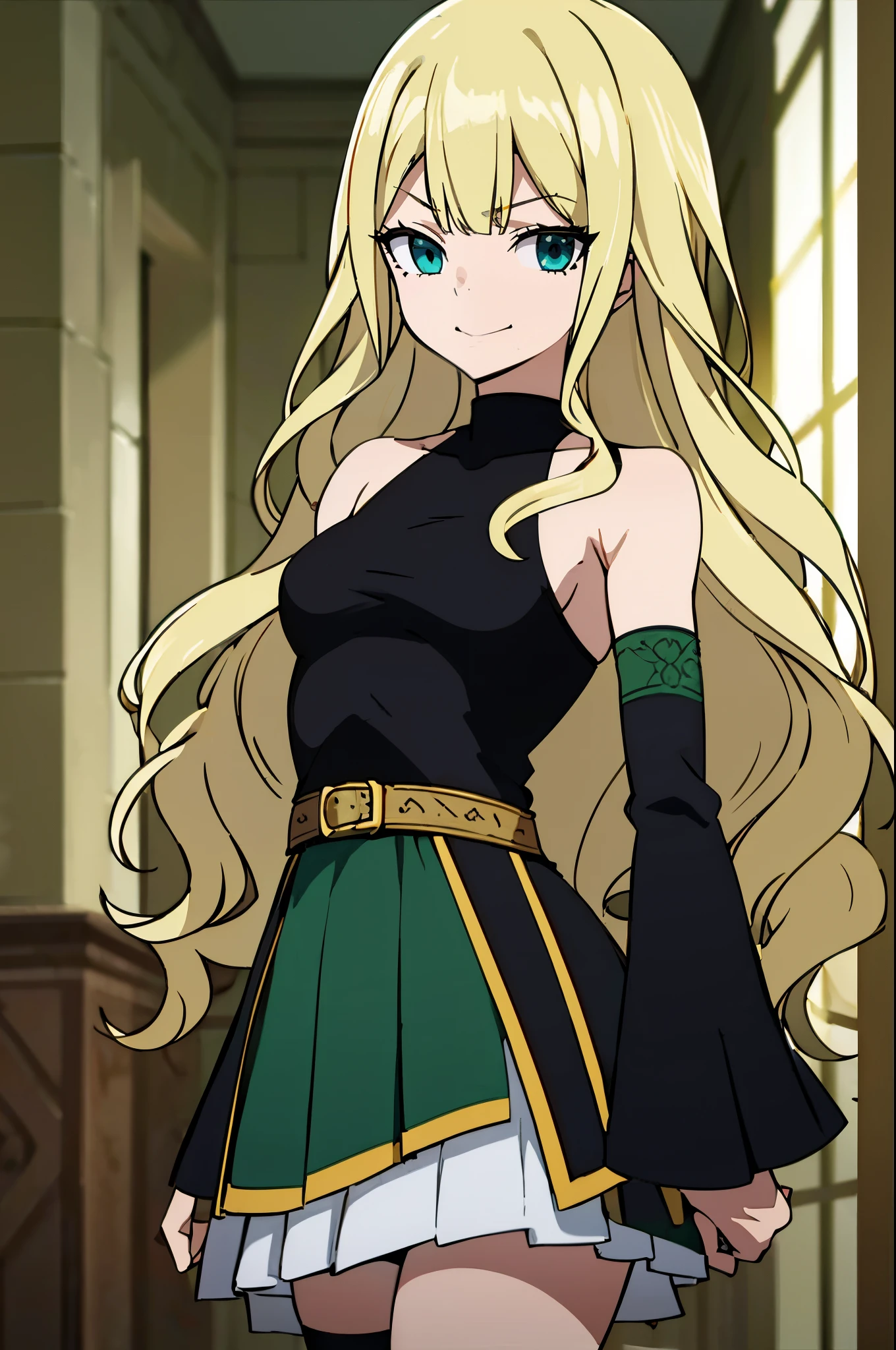 Safe for work, masterpiece, best quality, solo, 1 girl, wholesome girl,  (young female body:1.4), ( medium small breasts), cowboy shot,  shy smile, flustered, yellow golden wavy hair, extra long blonde hair, hime cut, light sky blue eyes, very detailed eyes, good details, indoors hallway, griffin style clothes, dark green skirt, knife pleated green skirt, black sleeveles top, black  top, belt, blunt bangs, very long hair, griffin style, medium long skirt, slytherin green skirt, fantasy clothes, detached sleeves, black knee high socks, green clothes