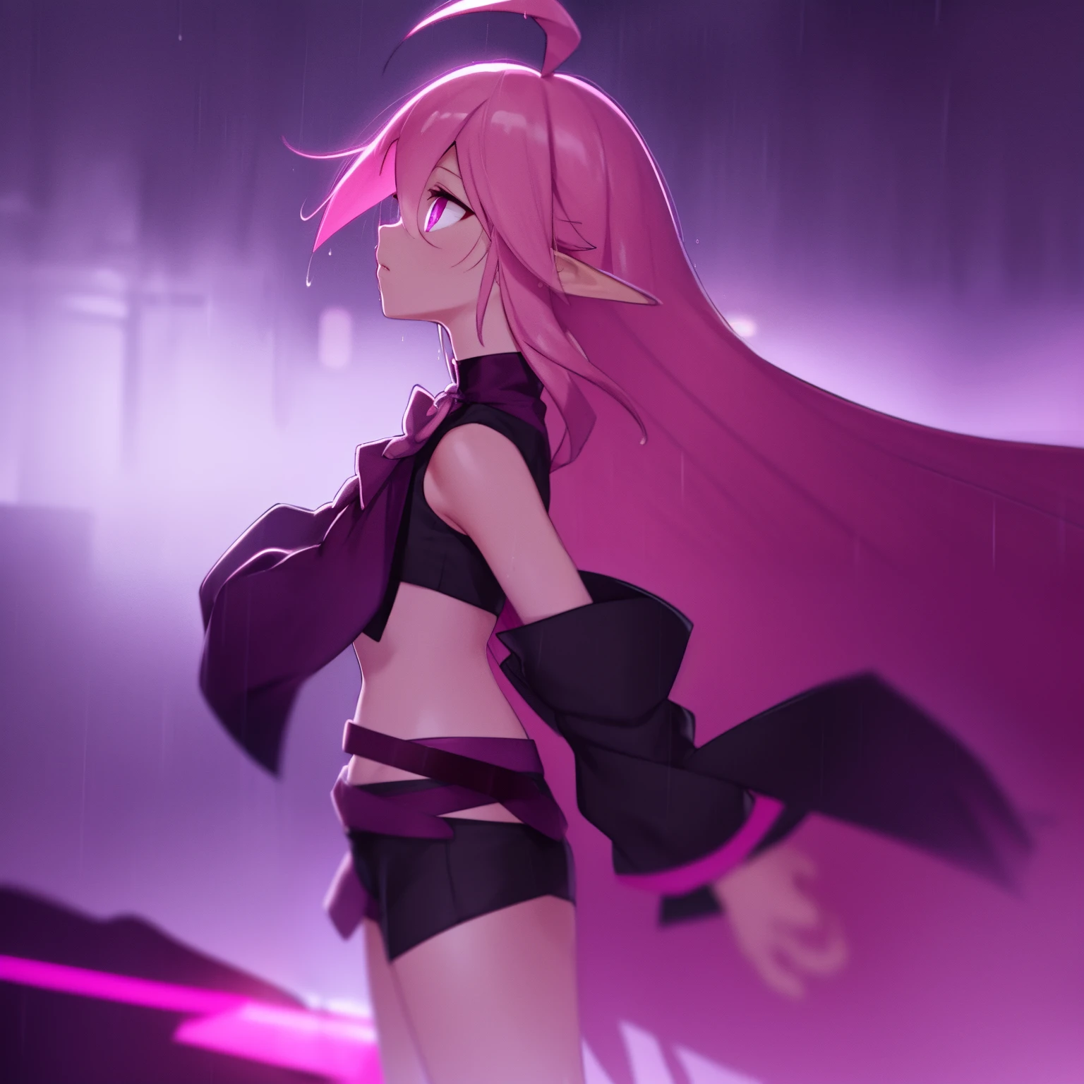 Keera, 1girl, pink hair, hair spread out, hair between eyes, very long hair, bowtie, parted lips, pointy ear, purple eyes, sleeves past wrists, black sleeves, black shorts, belt, detached sleeves, ahoge, heart necklace, navel, expressionless, blade runner 2049, (rain), ((pink neon lights)), (from side, looking up:1.2), blurry background, letterboxed, (glowing), pink lighting, bridge, movie reference, scenery, profile, wet, night