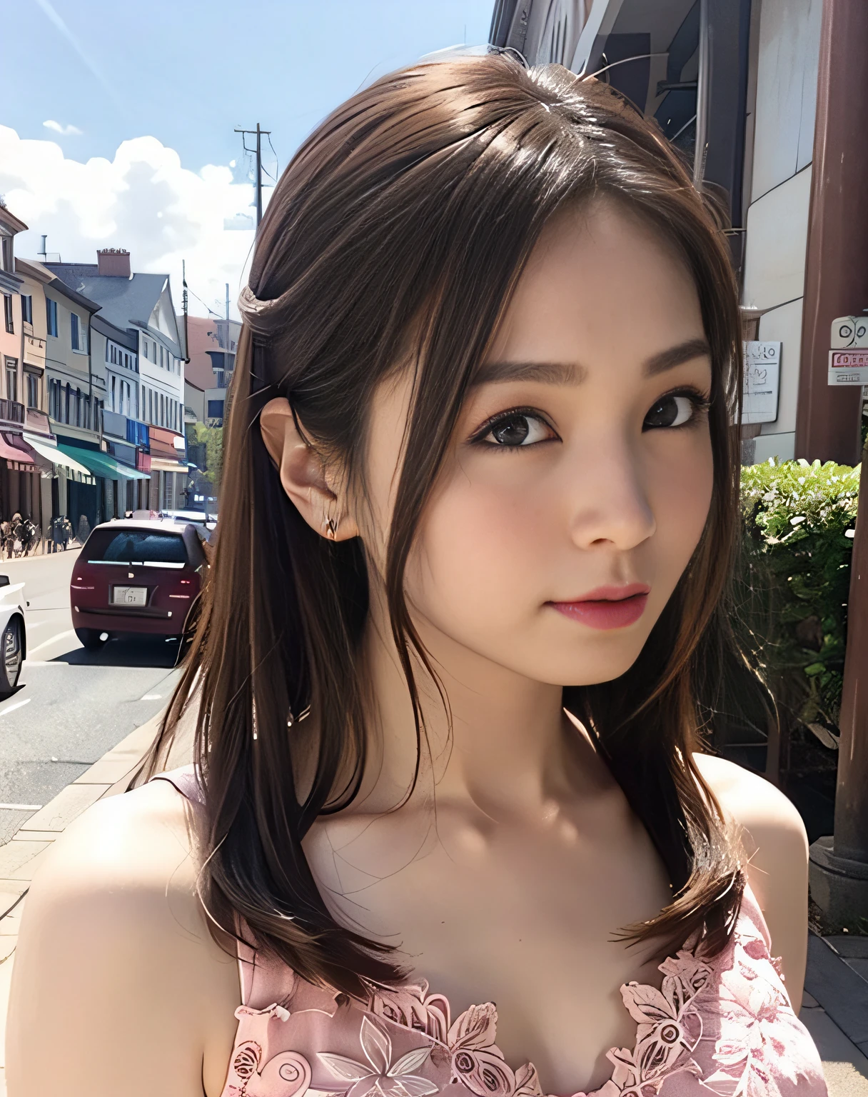 A woman in a pink dress posing on a street corner, top-quality, hight resolution, 8K, 1girl in,  (a street:0.8), (a person, Large crowds:1), (lace trimmed dress:1.5, Sleeveless dress,), a gorgeous, (brow, length hair:1.5), Beautiful detailed sky, earring beautiful, (dynamicposes:0.8),