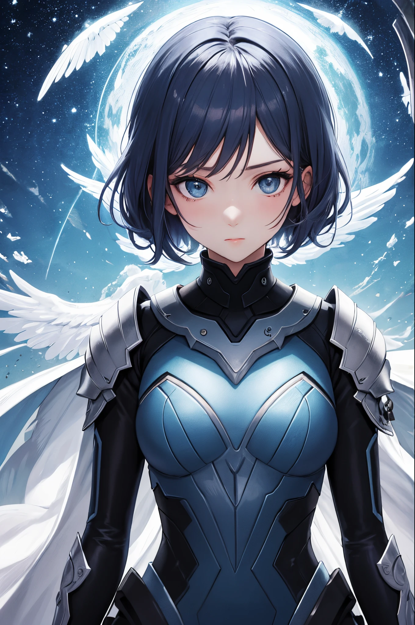 ultra-detailliert、anime illustrated、2D Beautiful Girl、top-quality、Top image quality、​masterpiece、超A high resolution、android beautiful girl、sixteen years old, glowing blue cyber suit, Circle of Angels、white short-haired、A slender、The face is depicted in detail、The eyes are very detailed、The clothes are also depicted in detail、hiquality、Beautiful Art、Fantastic Universe、Elaborate design、soio、knights、animesque、illustratio