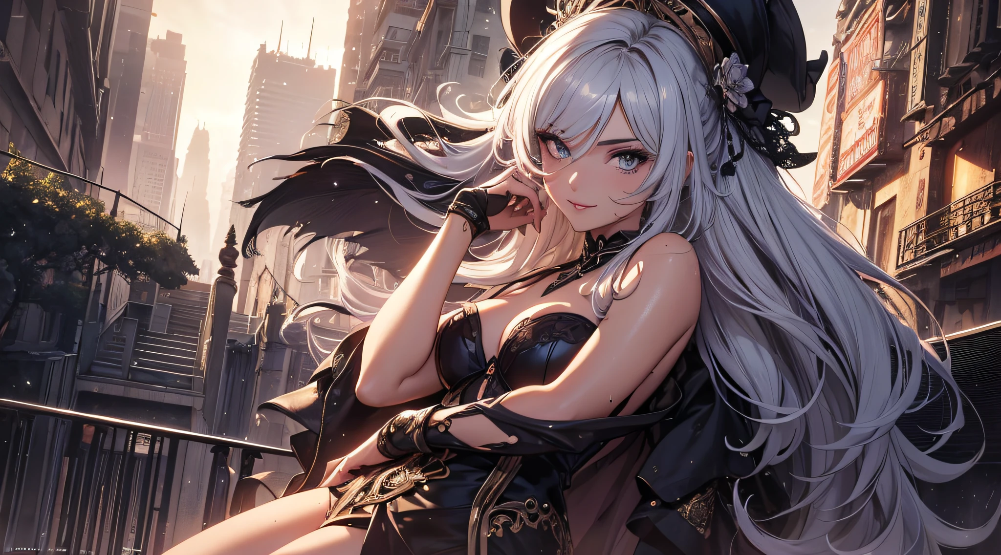 full body image, beautiful female air spirit sitting next to a small flower (masterpiece), (best quality), (ultra detailed), (absurdres), (highres), (official art:1.4), (illustration:1.4), (distinct image:1.2), 8k,(detailed face:1.3), (highlights in eyes:1.3), wet hair (detailed hair:1.3), (detailed skin:1.3), (misty 1.9), looming skyscrapers in heavy rain, dark, moody, stylized, neon, gritty, 8k Wallpaper, highly detailed, myhtic, (Best quality,4K,high resolucion,Masterpiece:1.2),Ultra-detailed,Realstic, Portraits, intense illumination, Vibrant colors, seductive look, posture confiante, haute couture, elegant, longs cheveux blancs, glossy lips, Figure courbe, mysterious atmosphere, Exotic Beauty, Bewitching eyes, Complexes de motifs, Seductive charm, Sourire subtil, Captivating presence, Mouvement gracieux, Vue Reav, looking over shoulder, seductive pose, aura puissante.