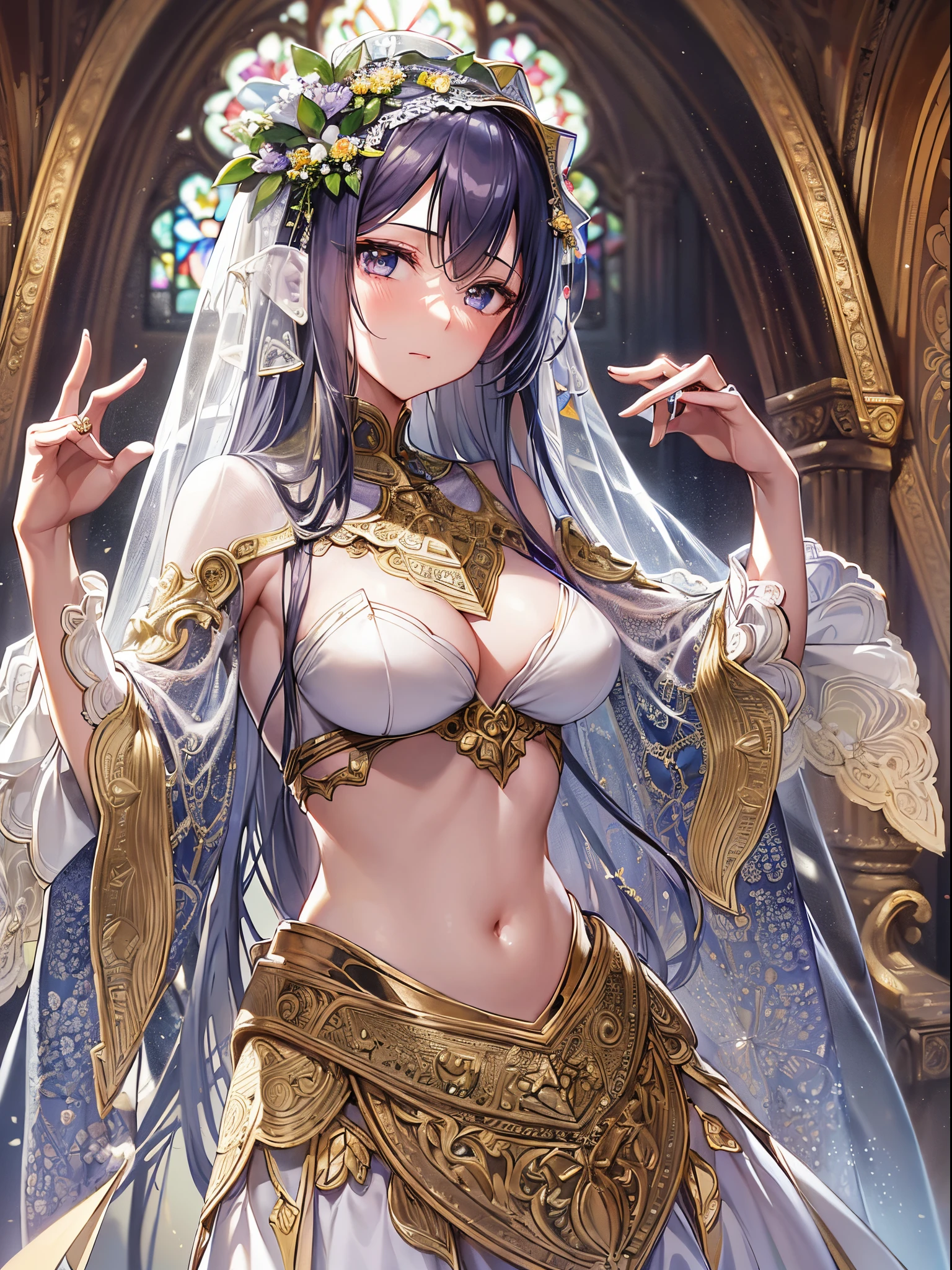 ((Finest quality)),(超A high resolution),(ultra-detailliert),(Meticulous portrayal),((Best Anime)),(Finest works of art),Ultra-Precision Art,The art of astounding depiction,Intricate fantasy art:1.5, (1人の女性:1.5),((bride:1.5)),((a thin veil that hides the face:1.5)),(Pure White Wedding Dresses),Intricate and detailed lace, stain glass