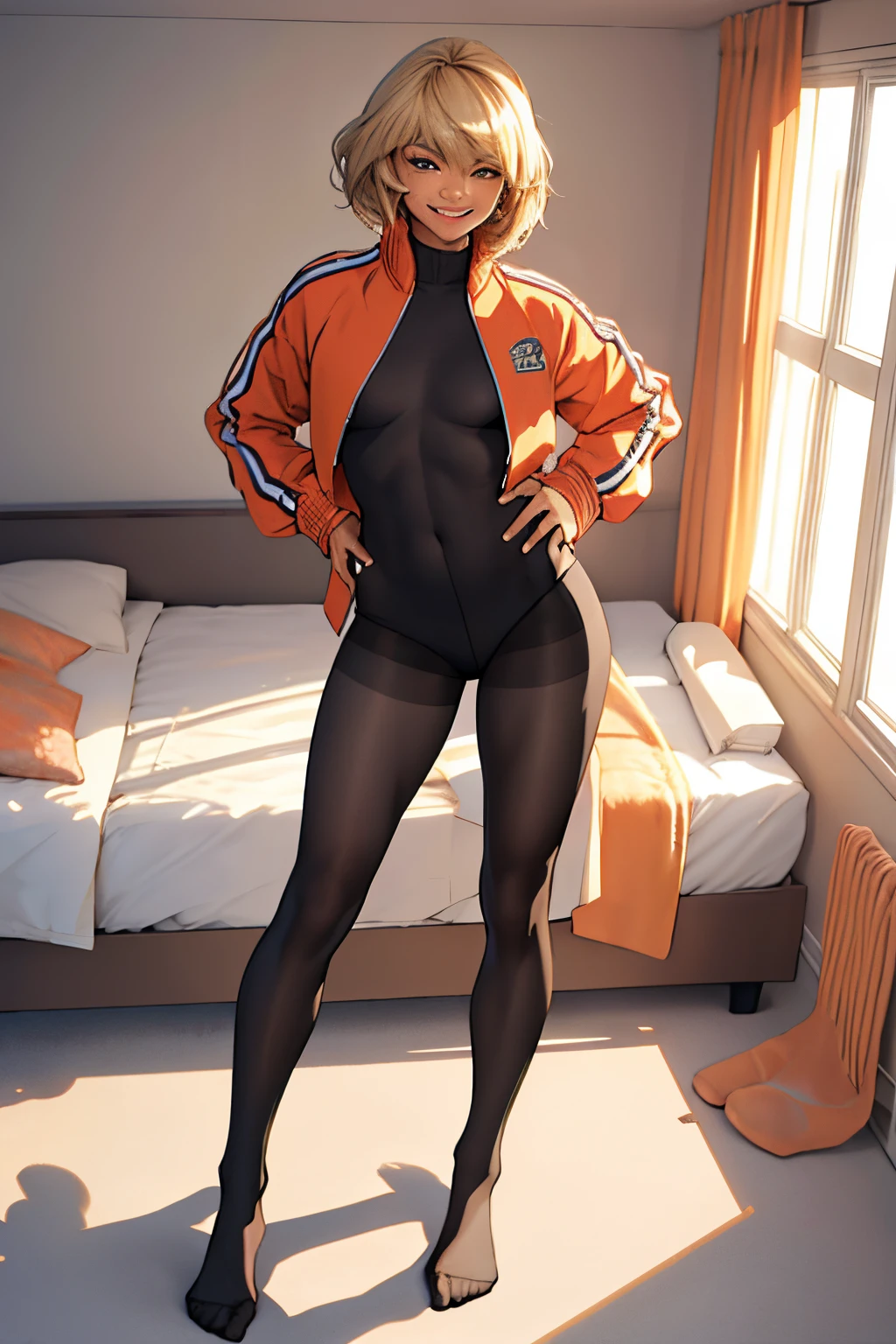 show entire body, feet in view, aerial view, Zendaya, blonde, track jacket, smiling, seamless pantyhose, no shoes, luxurious bedroom, 8k, photorealistic