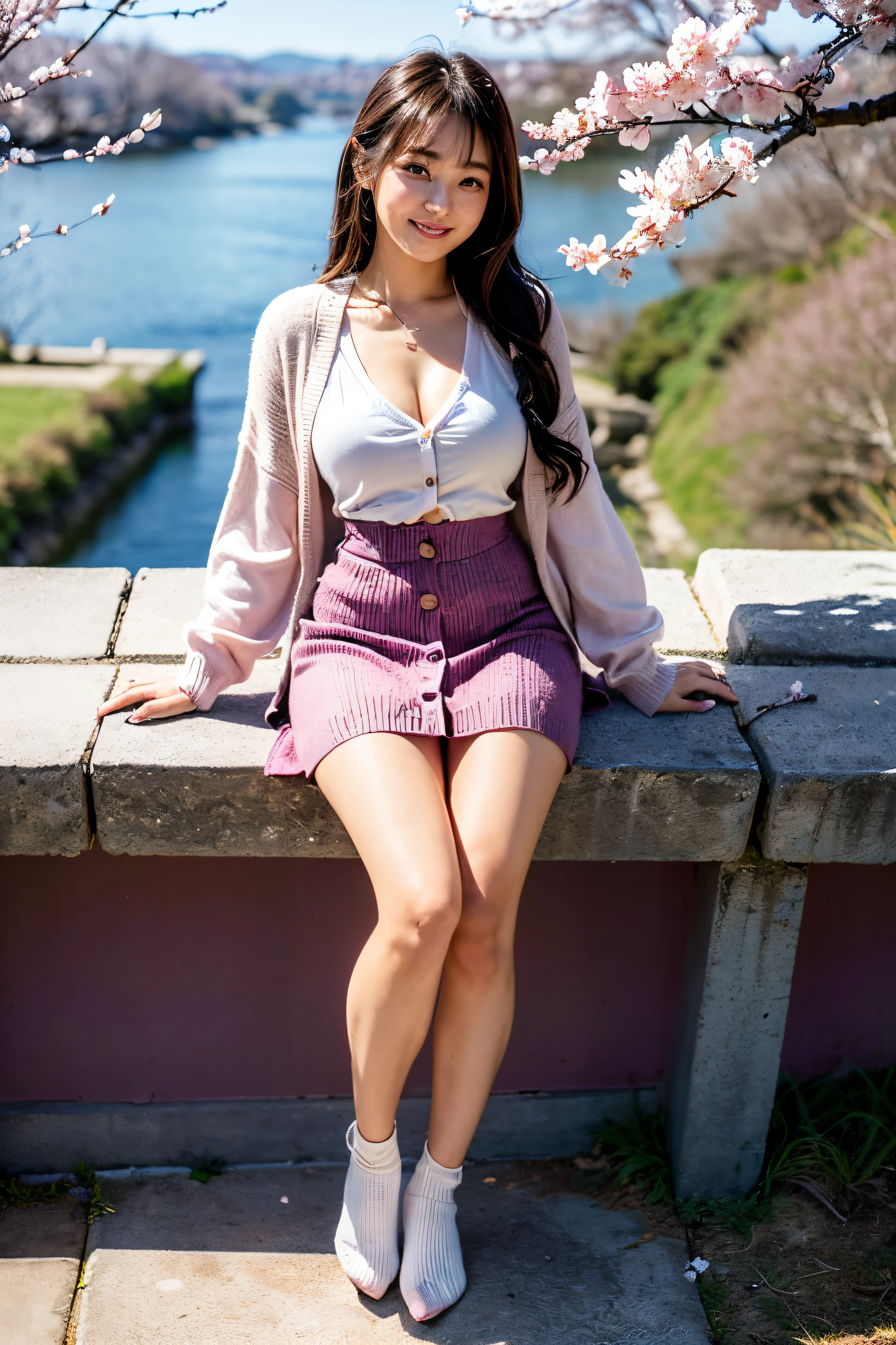 One super beautiful beautiful Korean woman,masutepiece, Best Quality, Ultra-detailed, finely detail, hight resolution, in 8K, ((Photorealsitic:1.4, Raw photography, 超A high resolution,Top image quality: 1.4)), ((Super Korean idol-class beauty:1.3)), (face is round and small), (((The nose is symmetrical and narrow:1.4))),(The ratio of the transcendental nose is symmetrical and small and high.),Wallpaper, ((1 with perfect full body composition.5)), Beautiful detailed eyes, Natural Color Lip, ((a serene smile:1.5)), ((Random and cute bangs see-through hairstyle)), ((Pink knit cardigan and white shirt coordination clothes:1.5)), ((big breast size:1.5、cleavage of the breast:1.2)), ((Wear random and cute skirts:1.5)), ((Only one mole just above the tear bag:1.2)), ((Background of plum blossoms in full bloom:1.4)), ((random happy expression)),Highly detailed and natural lighting)),((thigh visible:1.5)),BREAK((I hold the hand of someone other than myself that has reached out.:1.5)),date with a man:1.5,get a random look:1.3,