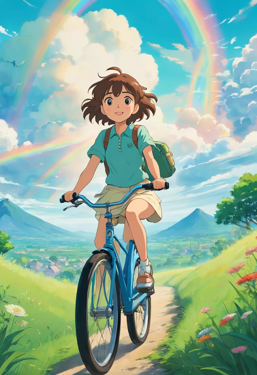 A cute girl riding a bicycle,The background is green grass and clouds, Charming anime character style, In Studio Ghibli style, romanticized landscape, Adventure theme, Less detail, Cartoon - AR 3:4——Rainbow 5