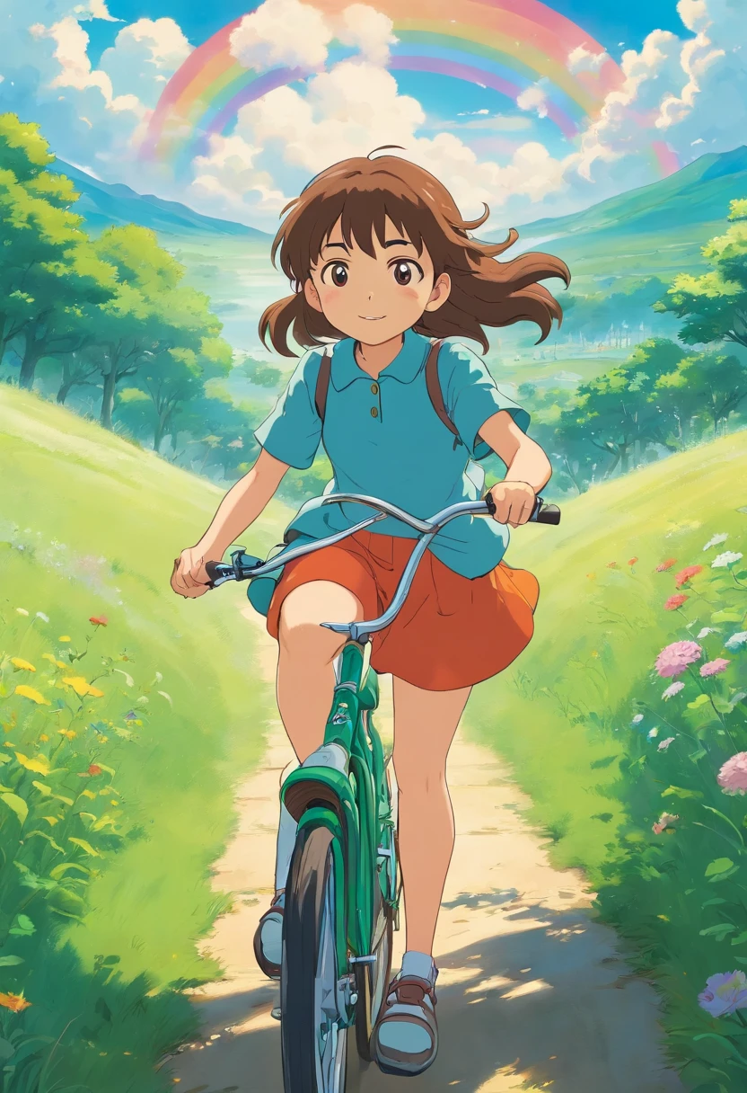 A cute girl riding a bicycle,The background is green grass and clouds, Charming anime character style, In Studio Ghibli style, romanticized landscape, Adventure theme, Less detail, Cartoon - AR 3:4——Rainbow 5