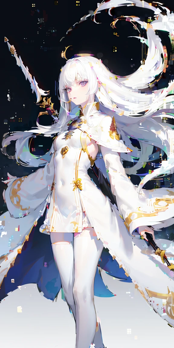 White hair, White skin, Albino women, Bangs, Long hair, White clothes, coat, spear, girl with weapon slim cute flame