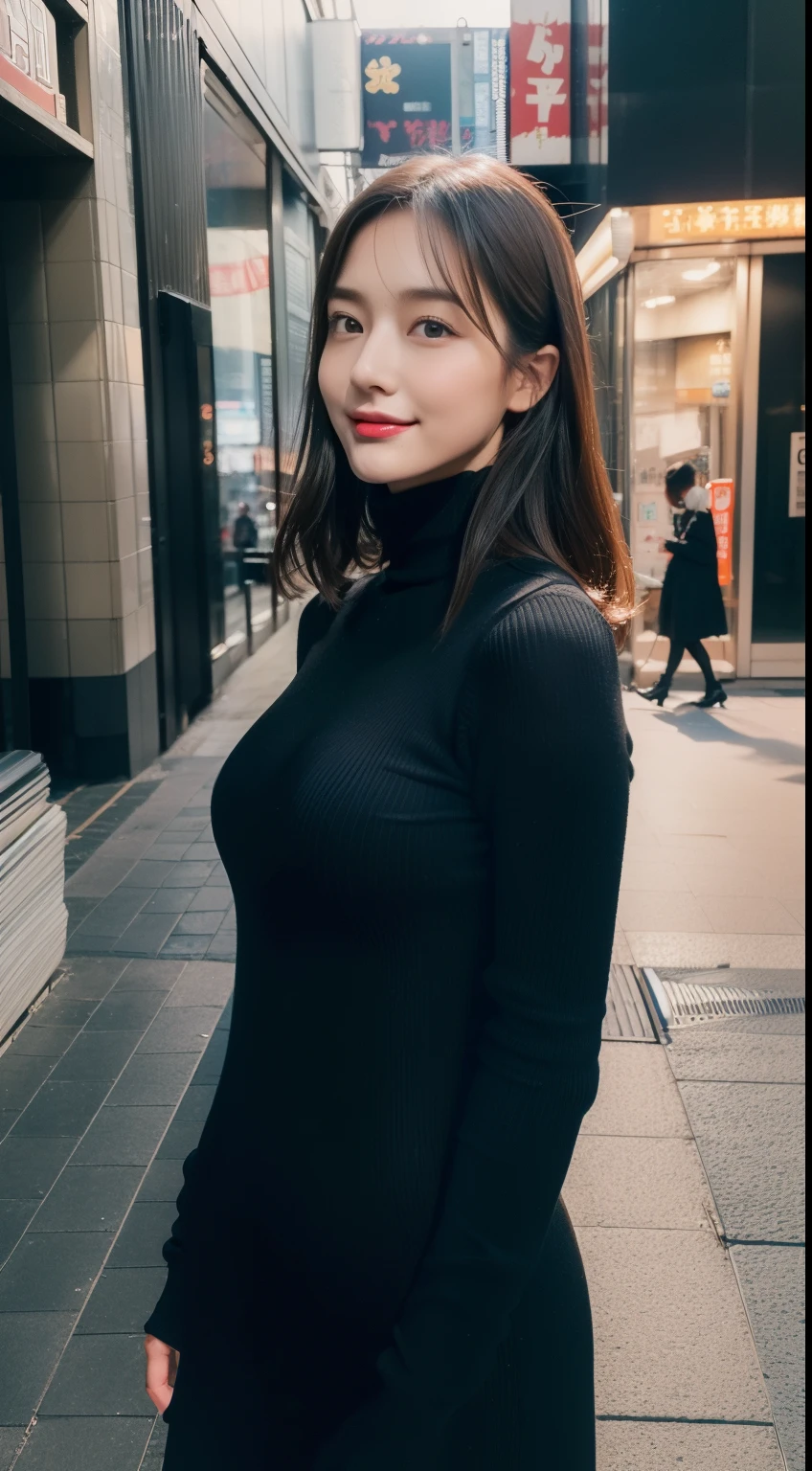 (35ml film photo:1.2), (真实感), Larger file size, A high resolution, The content is very detailed, top-quality, [tmasterpiece:1.6], lamplight, The content is very detailed, Detailed pubic hair, top-quality, 8k wallpaper, Girl walking on the streets of a big city、(1 girl in),17 years younger、Plump body, (Bare full breasts:1.5)、Lowry does、close your mouth、Smile shyly、(Japanese black turtleneck slim dress、Black turtleneck slim dress、Black Japanese high collar slim dress:1.3、Black boots)、dynamicposes(Film photography:1.4), (Hyperfilm photography: 1.4), (actual: 1.3), (gentlesoftlighting: 1.05), (Improved Cinematic Lighting: 0.9), Luzes Realistas,  (Whitening light:1.2), (Image Enhancement:1.4), (High quality real skin:1.4), (Increase the mood of the body line:1.1),  (Improve skin quality and beauty:1.1),