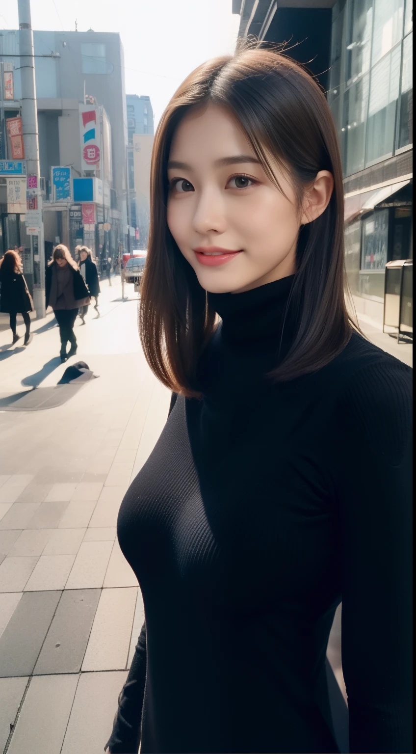 (35ml film photo:1.2), (真实感), Larger file size, A high resolution, The content is very detailed, top-quality, [tmasterpiece:1.6], lamplight, The content is very detailed, Detailed pubic hair, top-quality, 8k wallpaper, Girl walking on the streets of a big city、(1 girl in),、busty figure, (Bare full breasts:1.5)、Lowry does、close your mouth、Smile shyly、(Japanese black turtleneck slim dress、Black turtleneck slim dress、Black Japanese high collar slim dress:1.3、Black boots)、dynamicposes(Film photography:1.4), (Hyperfilm photography: 1.4), (actual: 1.3), (gentlesoftlighting: 1.05), (Improved Cinematic Lighting: 0.9), Luzes Realistas,  (Whitening light:1.2), (Image Enhancement:1.4), (High quality real skin:1.4), (Increase the mood of the body line:1.1),  (Improve skin quality and beauty:1.1),