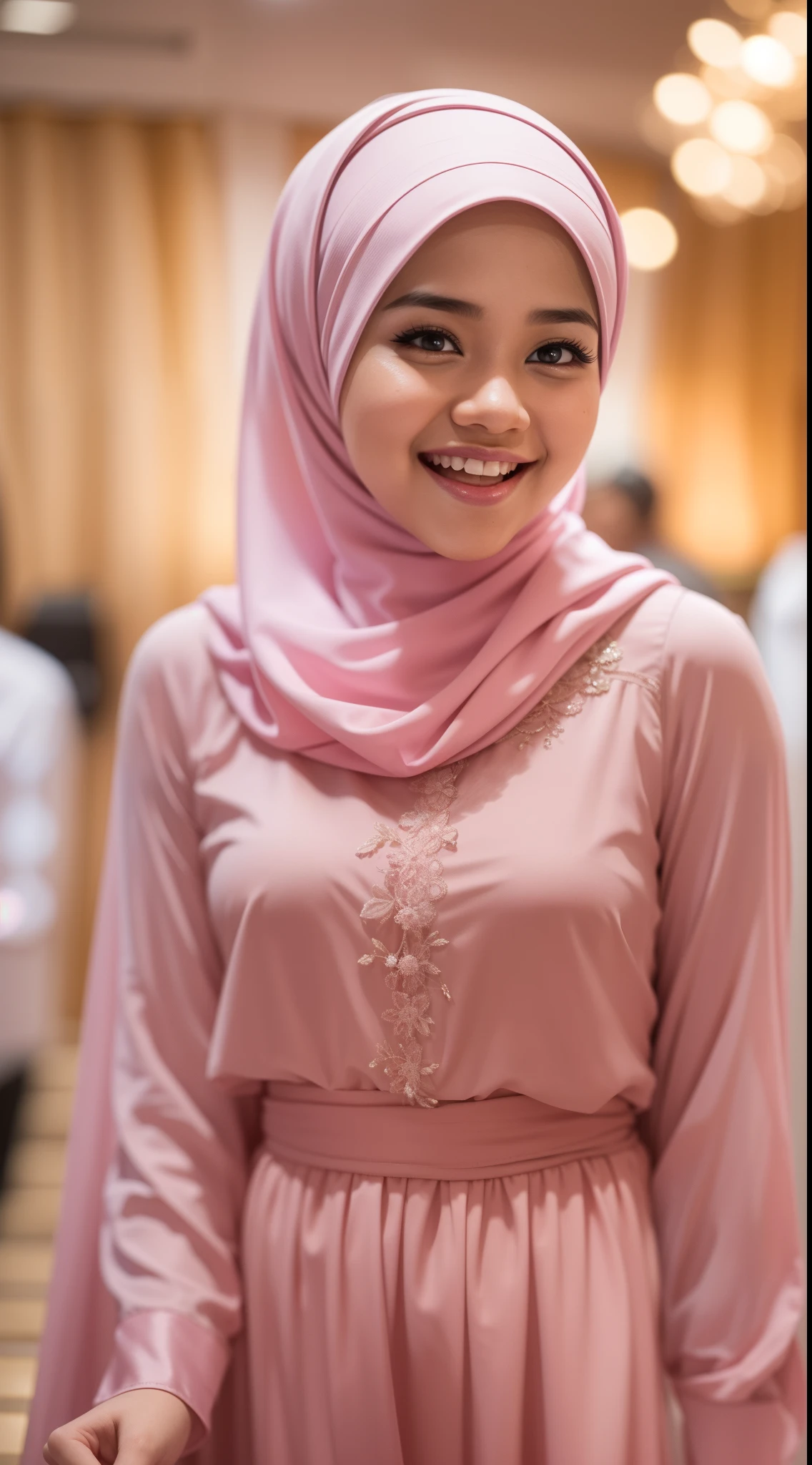 Beautiful malay girl standing and laughing, happy, nighttime dinner, hotel dinner stage ballroom, (mira filzah:1.3), wearing hijab, pastel color hijab, wear pink princess dress, small tits, small breast, flat chest, wide waist, thick thighs, bright lighting, high quality, ultra detail, 8k,