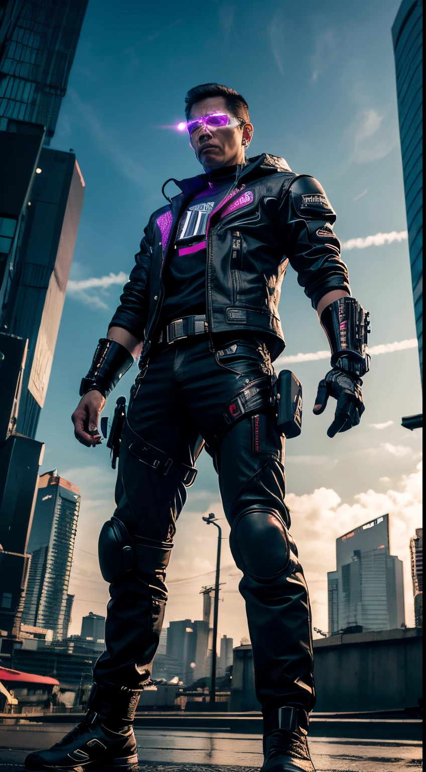 cyber punk Jokowi Indonesian,(top-quality、8K、32K、masterpiece)、(The ultra -The high-definition)、(Photorealsitic:1.4), dynamic pose, cowboy shot, cyberpunk fashion,depth of fields, cyberpunk city background, cinematic lighting.