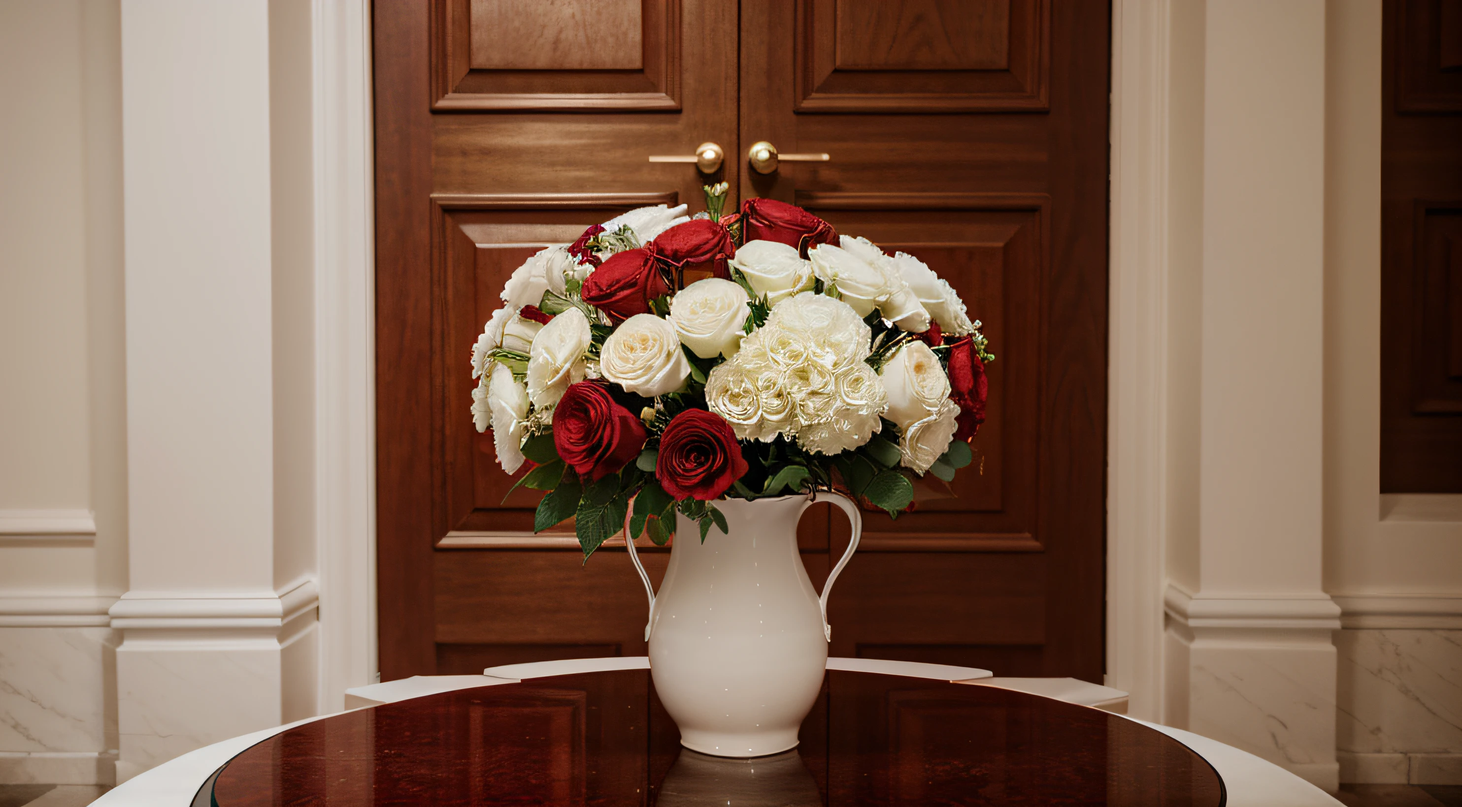 A flower bouquet made by a super high-end designer. red color, white vase