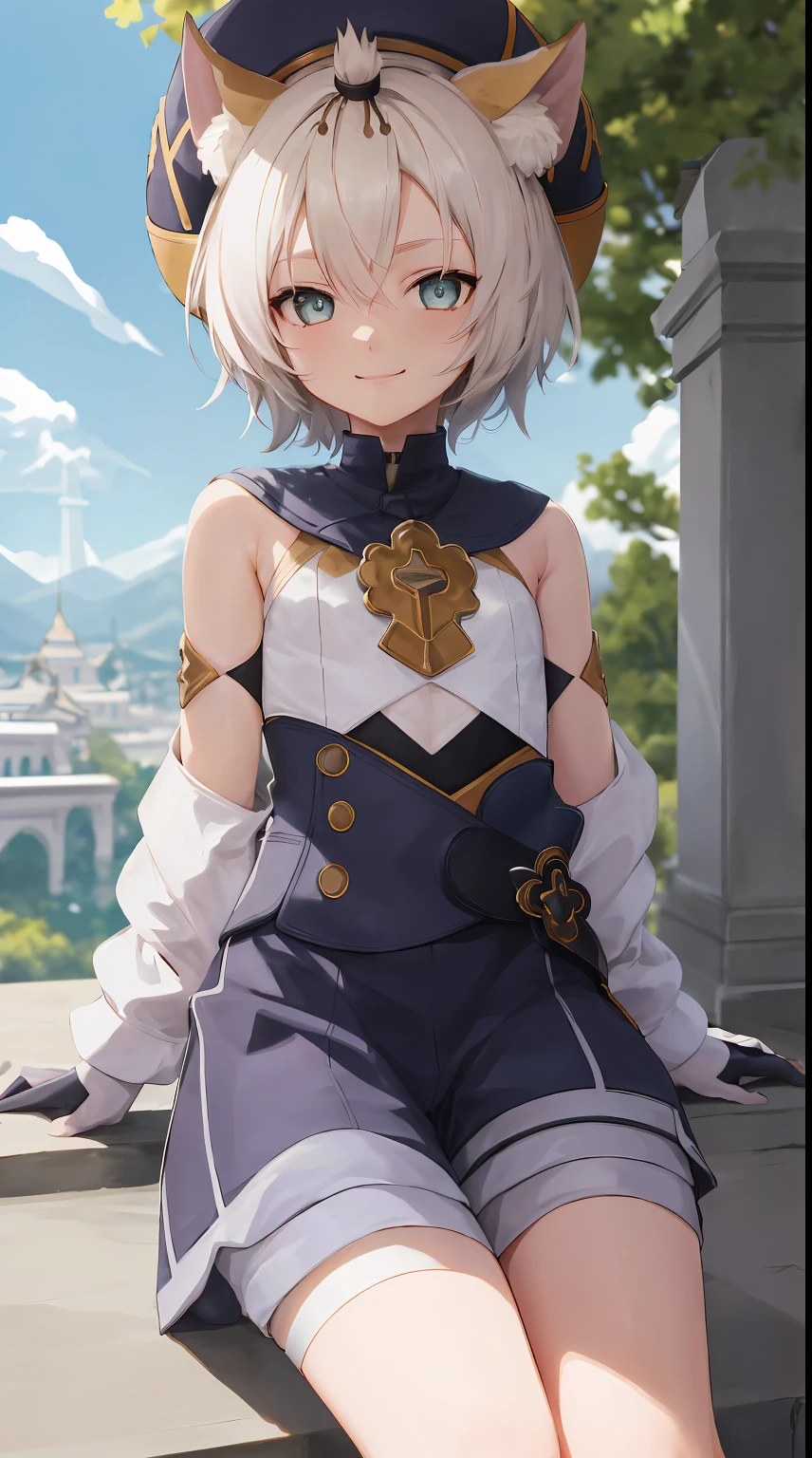 Deonard，Full body lesbian，sitted，ssmile，face flushed，luring，During the day，simple backgound，blue-sky，Short hair details，sky sky，temple，looking at viewert，sit on stairs，Monte，Moody light，Correct limbs，Place your hands in the right position