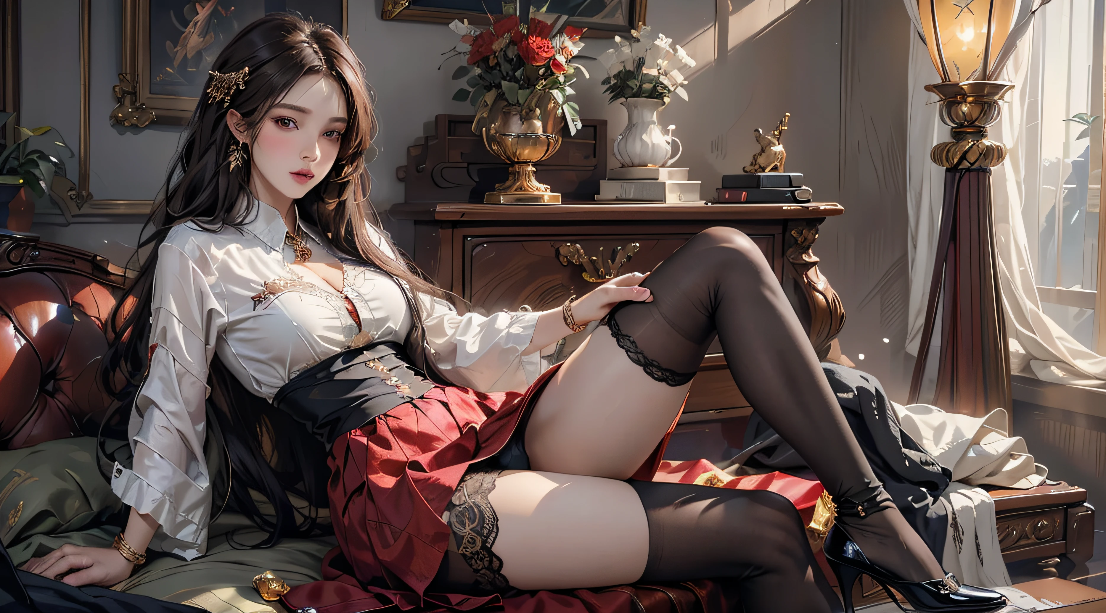((Masterpiece, Highest quality)), Detailed face, CharacterDesignSheet,full bodyesbian, Full of details, Multiple poses and expressions, Highly detailed, Depth, Many parts,beuaty girl,cinmatic lighting,with light glowing,Red and gold,Phoenix decoration,light yarn,Lace,lacepantyhose,high-heels