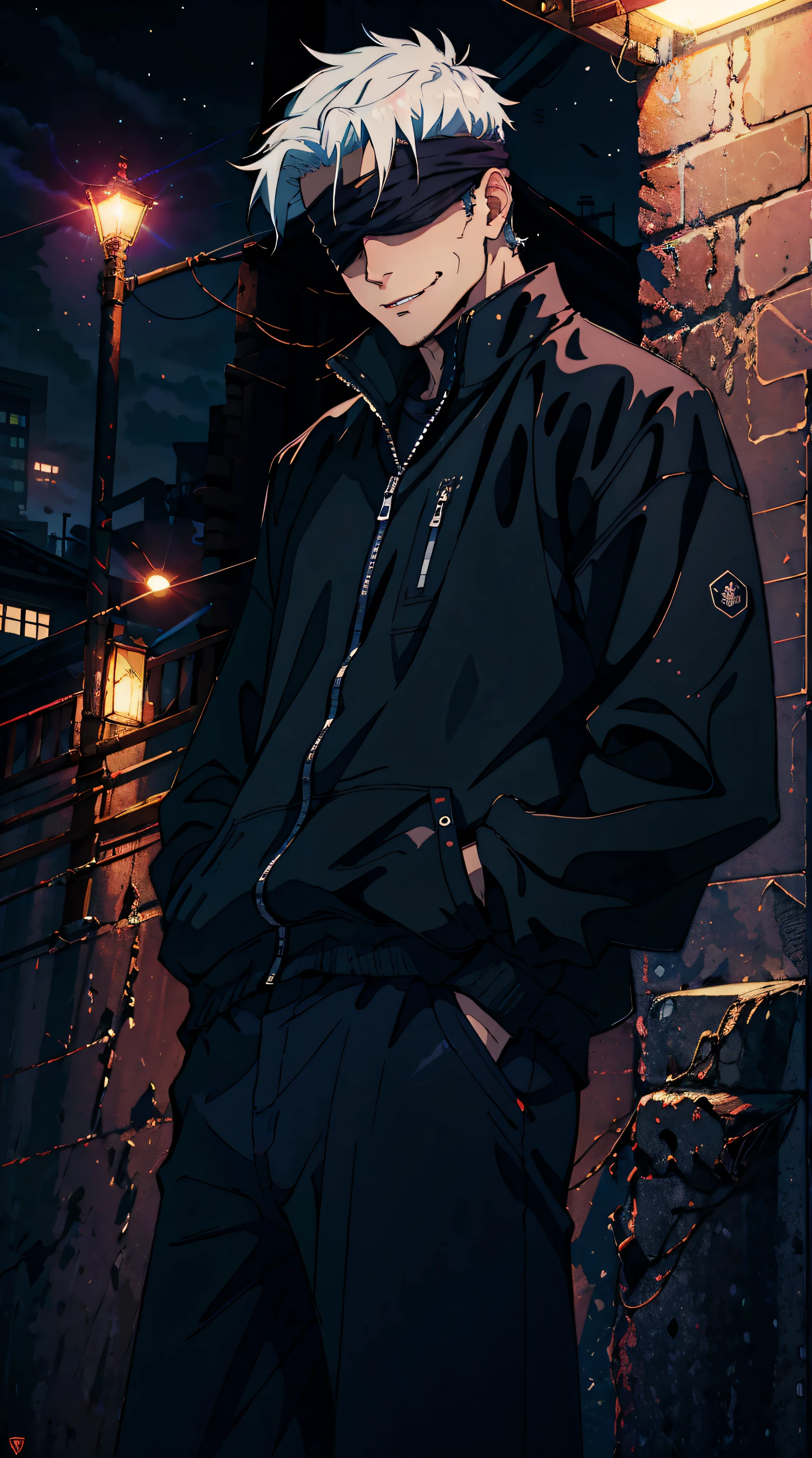 (masterpiece, best quality:1.2), cowboy shot, solo, male focus, 1boy, gojo satoru, smile, hands in pockets, blindfold, black jacket, highest quality digital art, rtx, ray tracing,night, moonlight,on top of a building, night lights,city