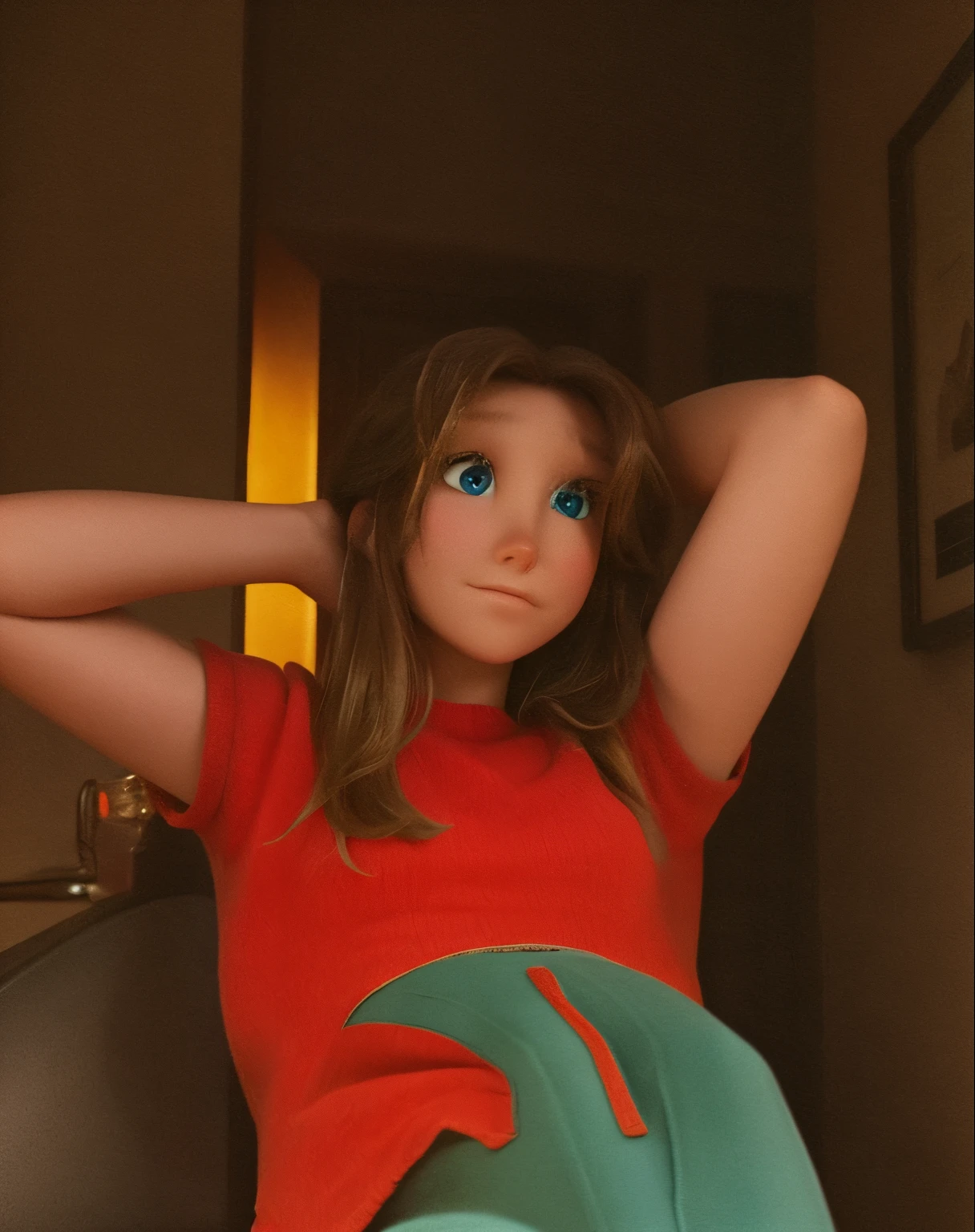 A Young girl doing squats with spread legs laying down, open ahegao mouth, pleasure expression, she dressed a see through bodysuit (visible nipples), showing open legs, is possible to see all her short body flat form, from the front angle, full of light,