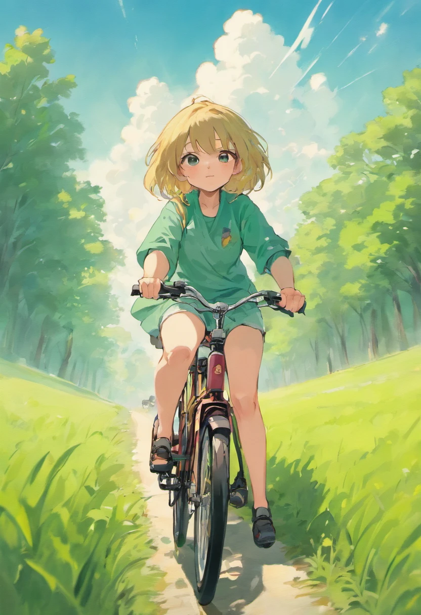 a cute girl on a bike with green grass and clouds in the background, in the style of charming anime characters, ghibli studio style, romanticized landscapes, adventure themed, less detail, cartoon --ar 3:4 --niji 5