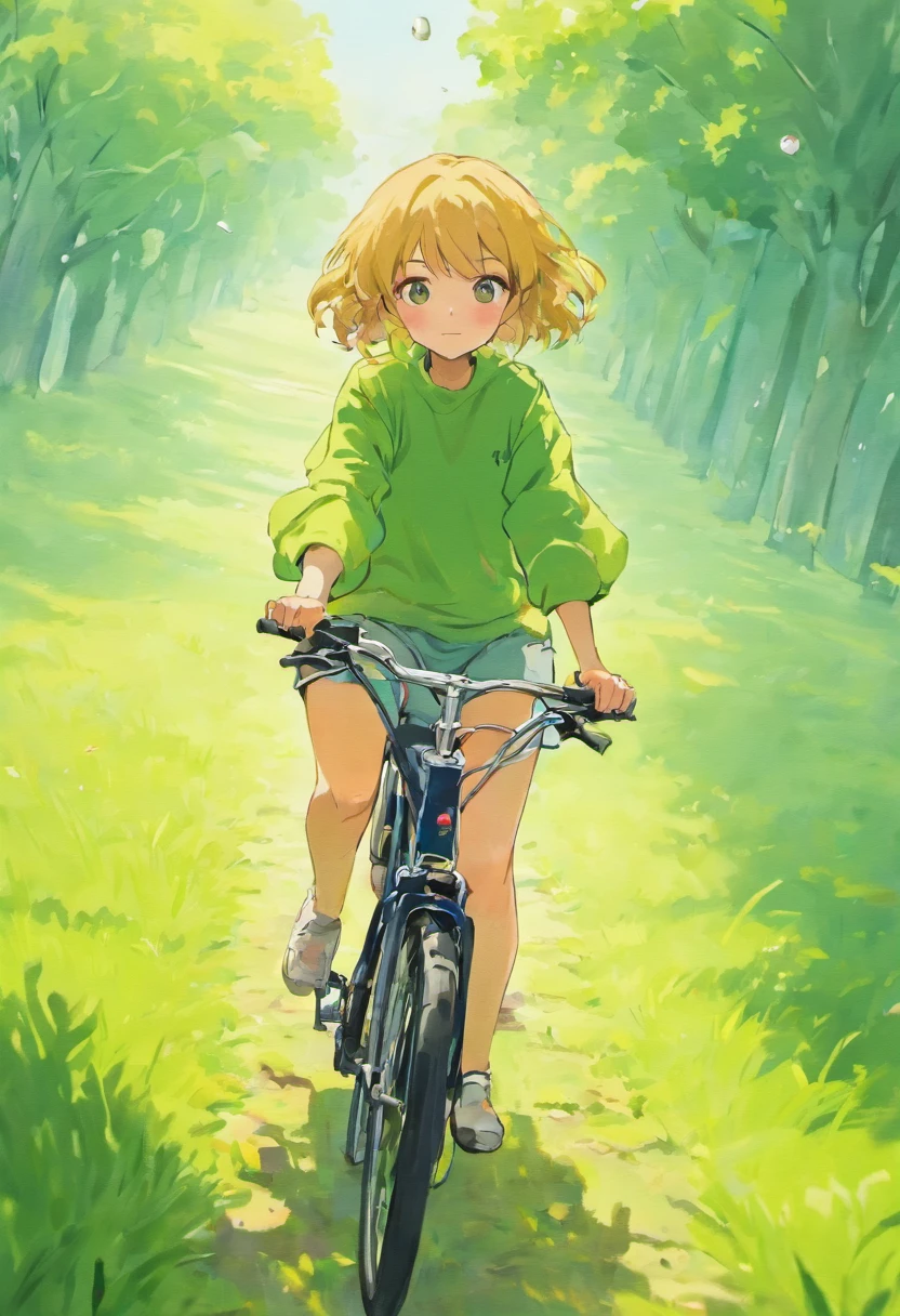 A very beautiful girl with blonde eyes and blue sharp facial features, riding a bike, no clothes