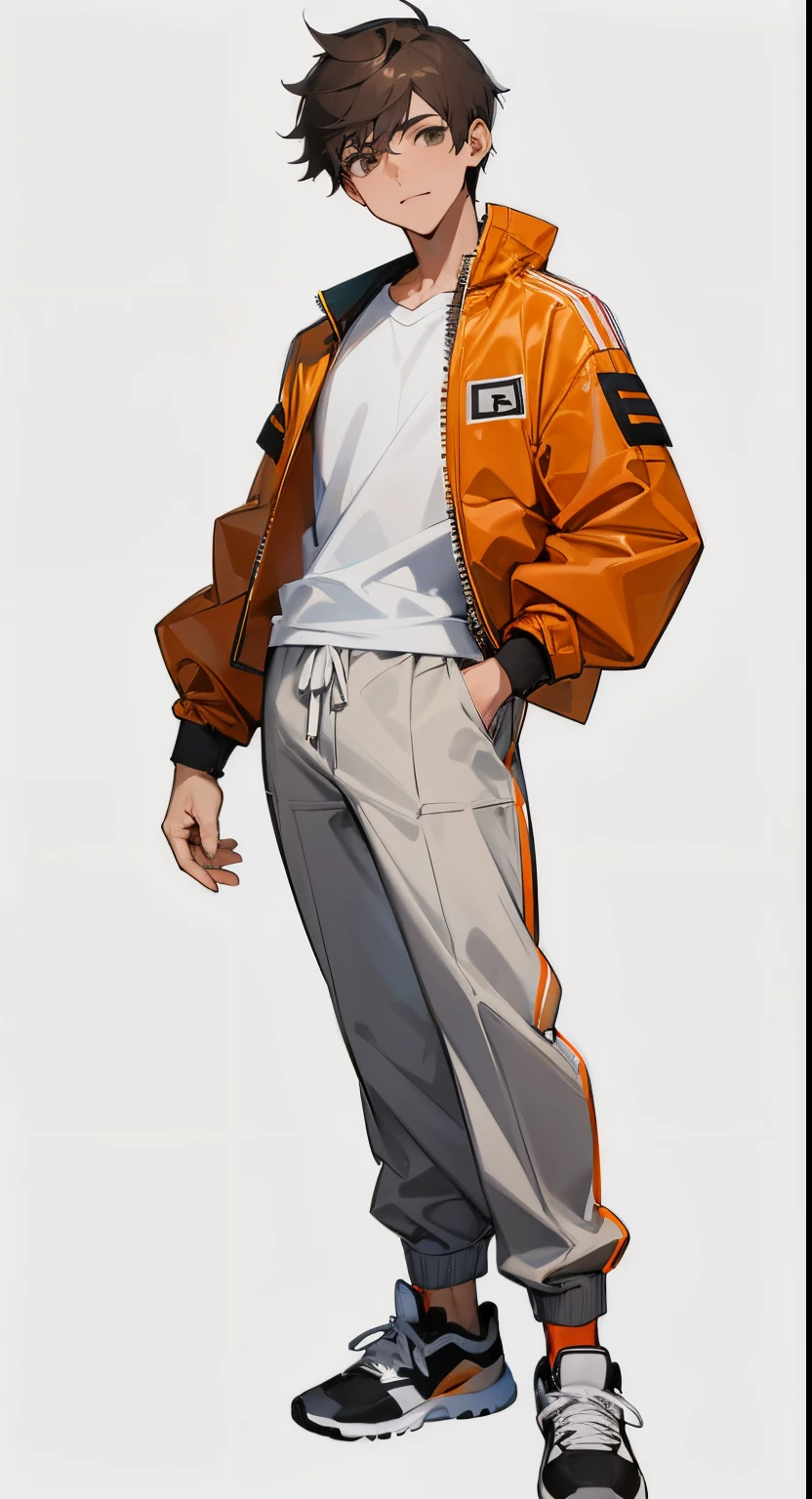 young male standing with hand in pocket, jaqueta laranja/manga preta, Camiseta branca por baixo, grey pants, white sports sneakers, cabelos curtos castanhos, olhos castanhos, sorridente, fundo branco, corpo inteiro