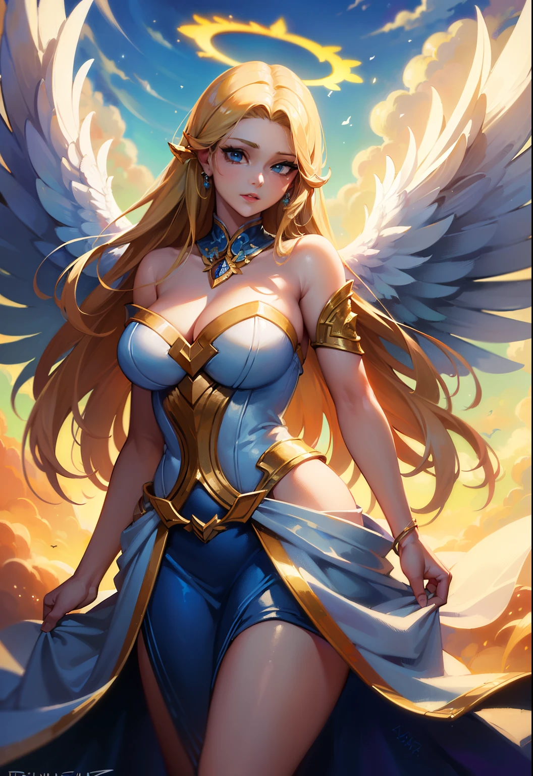 (masterpiece, best quality:1.5), 1girl, angel, angel wings, bare shoulders, blonde hair, breasts, dress, feathered wings, halo, jewelry, long hair, big breasts, white wings, wings, a beautiful woman with angel wings and a halo around her neck, league of legends splash art, a detailed painting, fantasy art, (masterpiece, best quality:1.5),