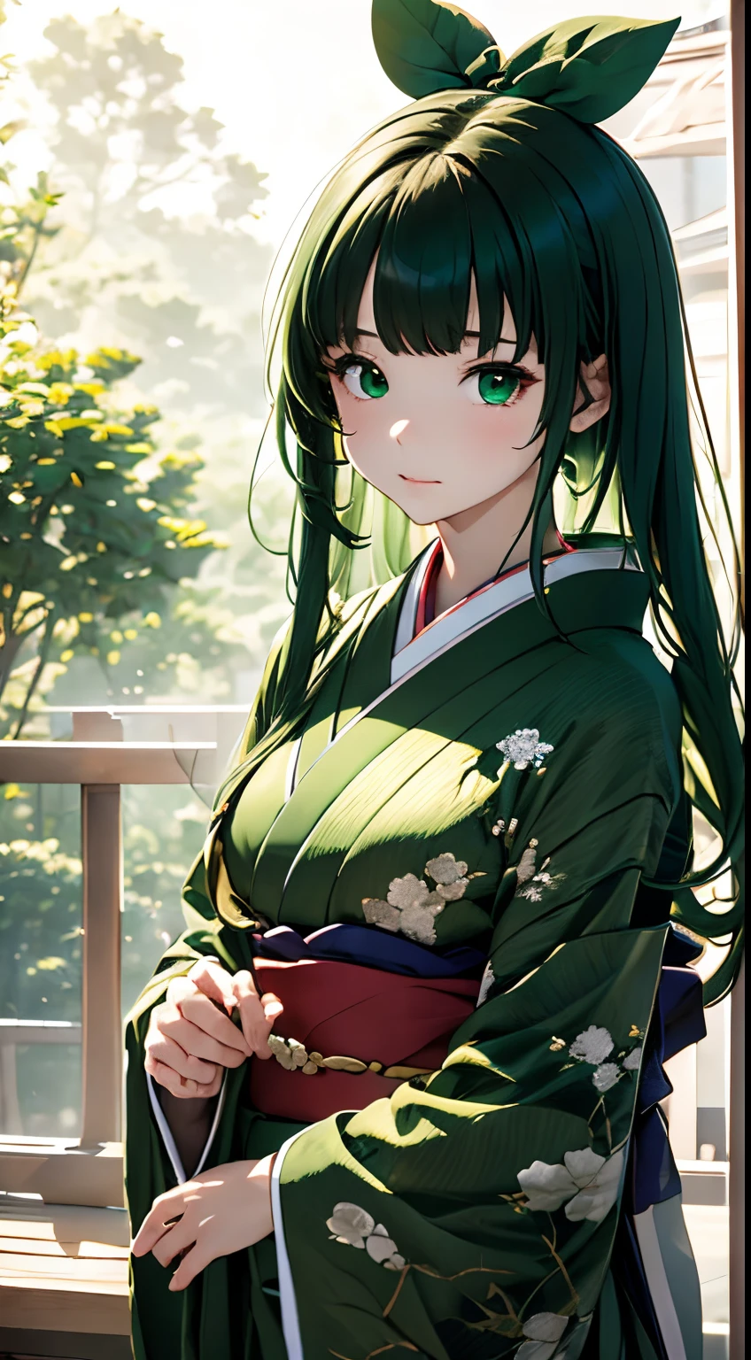 (((Green world:1.3)))、Best Quality, masutepiece, High resolution, (((1girl in))), ,(((Eyes are green:1.3)))、Yamato Nadeshiko wears kimono beautifully、((12 Simple、traditional junihitoe)), Tindall Effect, Realistic, Shadow Studio,Ultramarine Lighting, dual-tone lighting, (High Detail Skins: 1.2)、Pale colored lighting、Dark lighting、 Digital SLR, Photo, High resolution, 4K, 8K, Background blur,Fade out beautifully、Green world