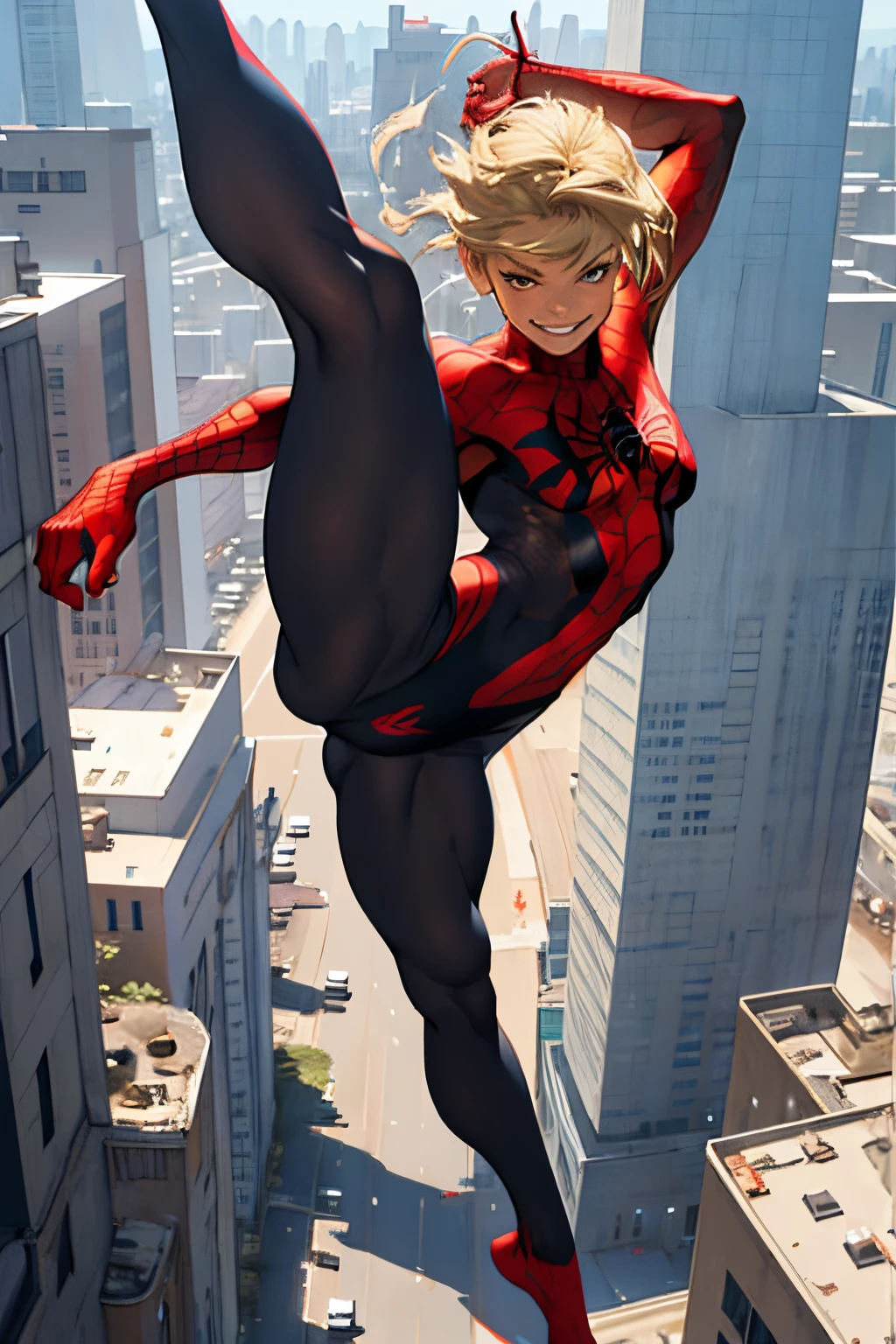 show entire body, feet in view, aerial view, Zendaya, blonde, spider woman, smiling, seamless pantyhose, no shoes, punching male villian 8k, photorealistic