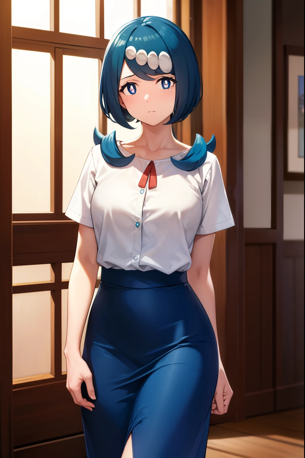 pokemon motherrana, pokemon motherrana, Blue eyes, Blue hair, freckle, Hair Ornament, Long hair, swept bangs, (Bright pupils:1.5),
blake blouse, Blue skirt, 手链, 鎖骨, Dress, Jewelry, Long skirt, Shirt, Short sleeves, Skirt, White shirt,
BREAK looking at viewer, Full body, (Cowboy Shot:1.5),
Break indoors,
BREAK (masutepiece:1.2), Best Quality, High resolution, Unity 8k壁纸, (Illustration:0.8), (Beautiful detailed eyes:1.6), extra detailed face, Perfect Lighting, extremely details CG, (Perfect hands, Perfect Anatomy),